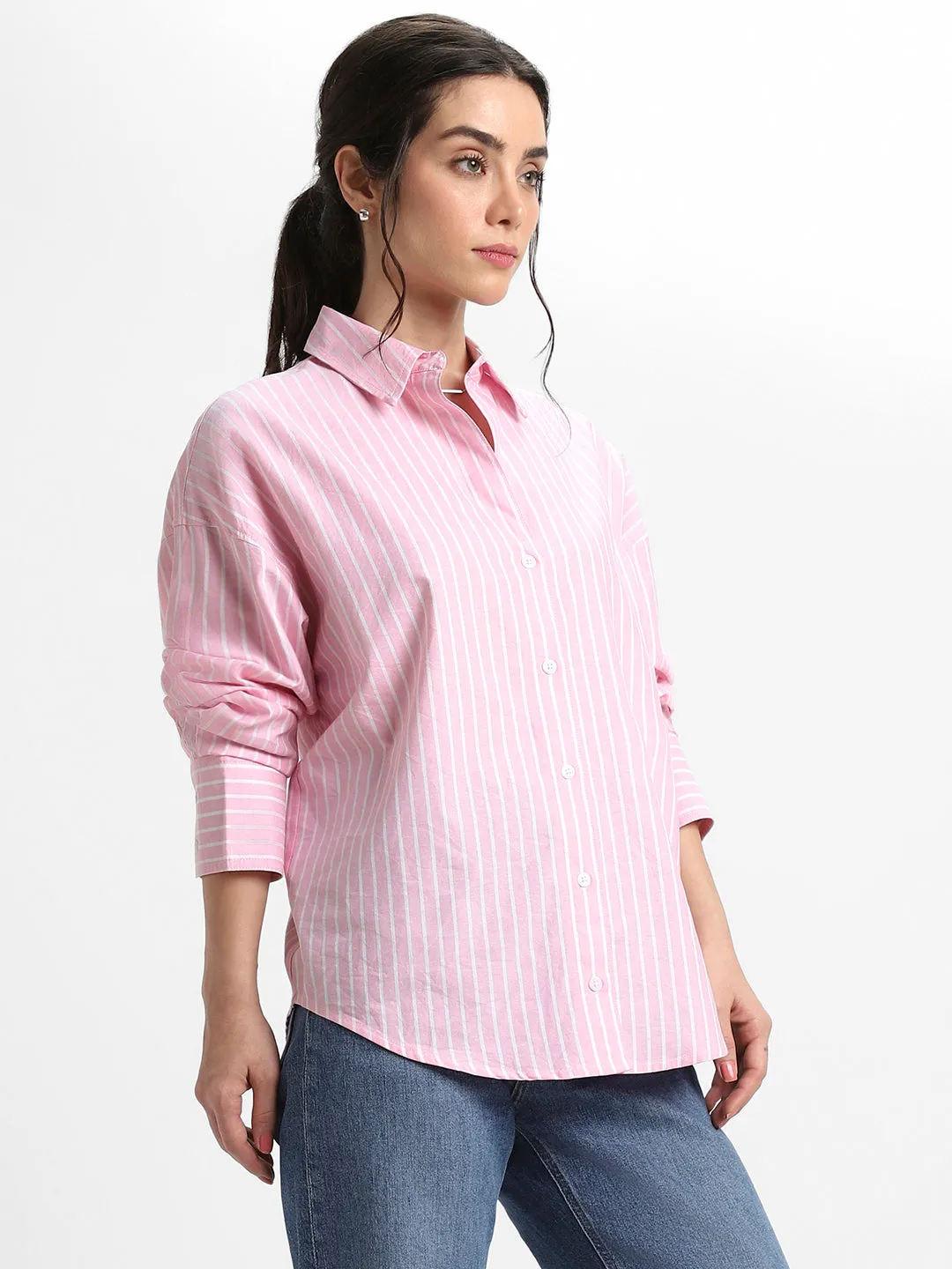 DL Woman Shirt Collar Relaxed Fit Striped Red Shirt