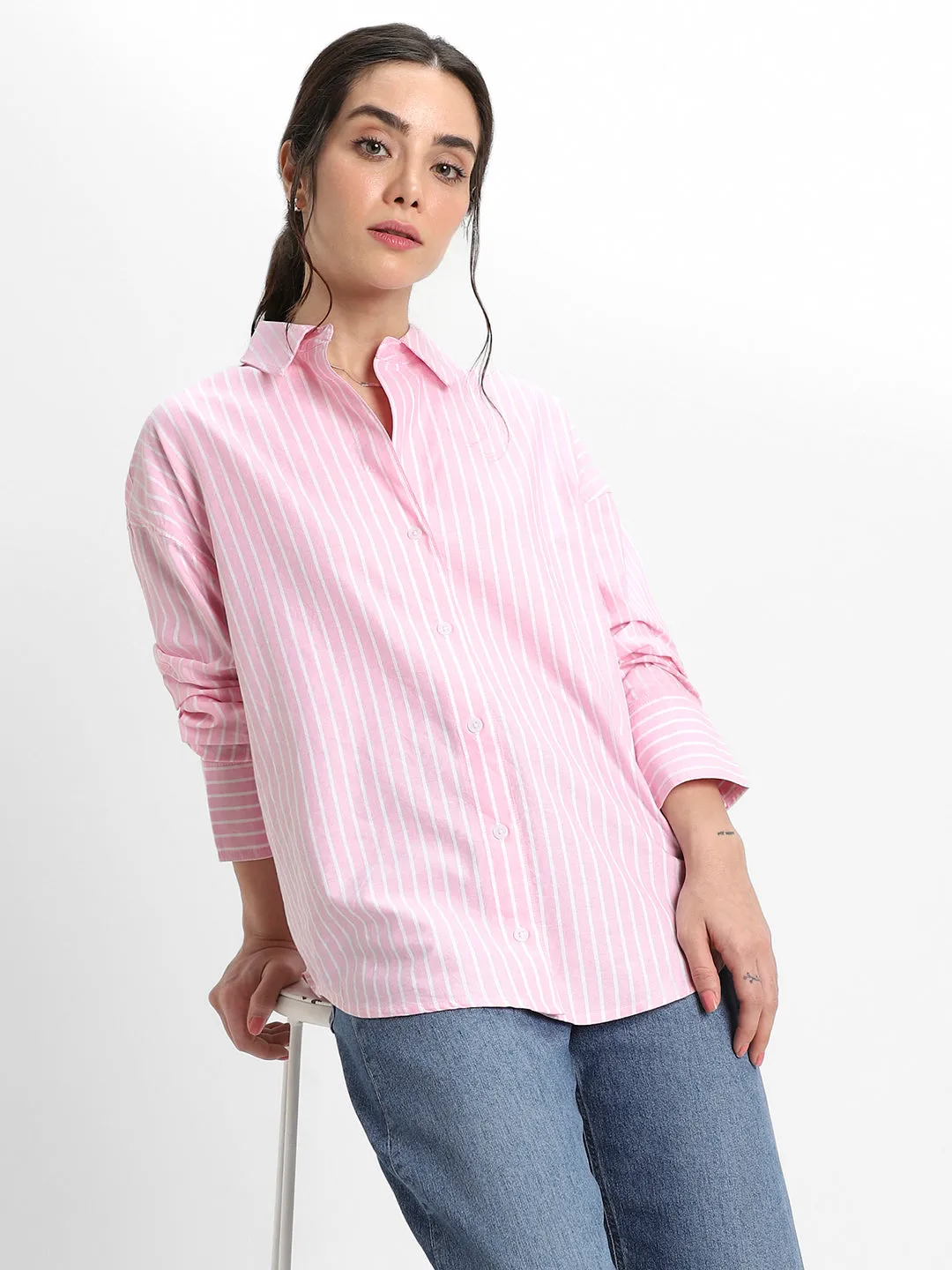 DL Woman Shirt Collar Relaxed Fit Striped Red Shirt