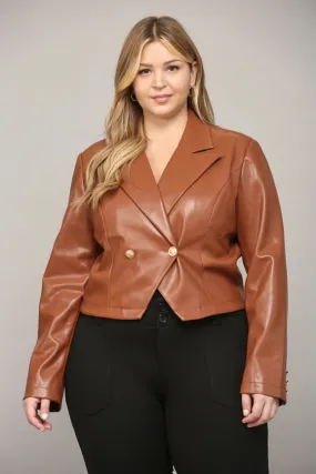 Faux Leather Double-Breasted Crop Jacket