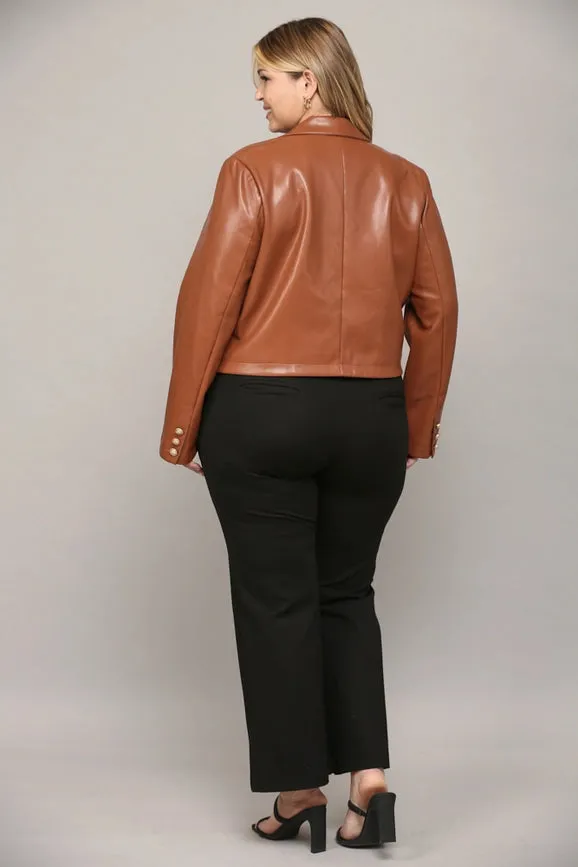 Faux Leather Double-Breasted Crop Jacket