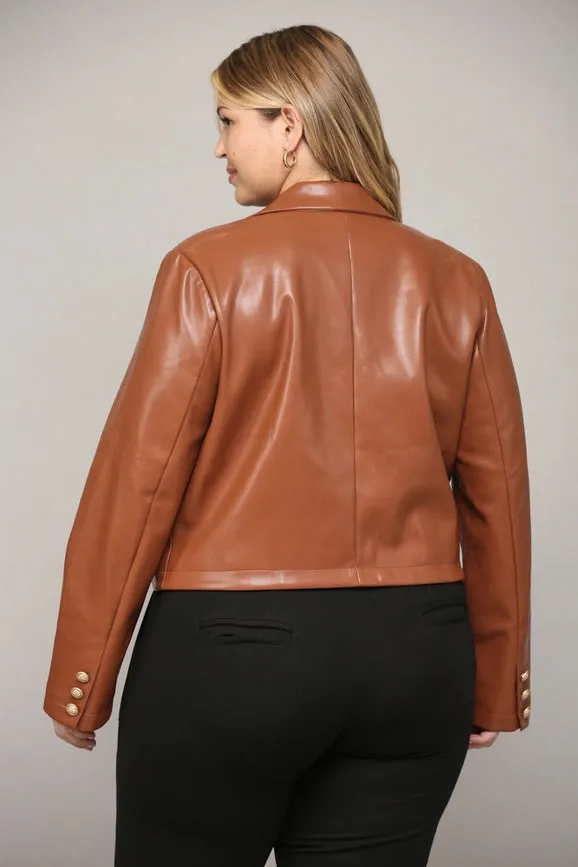 Faux Leather Double-Breasted Crop Jacket