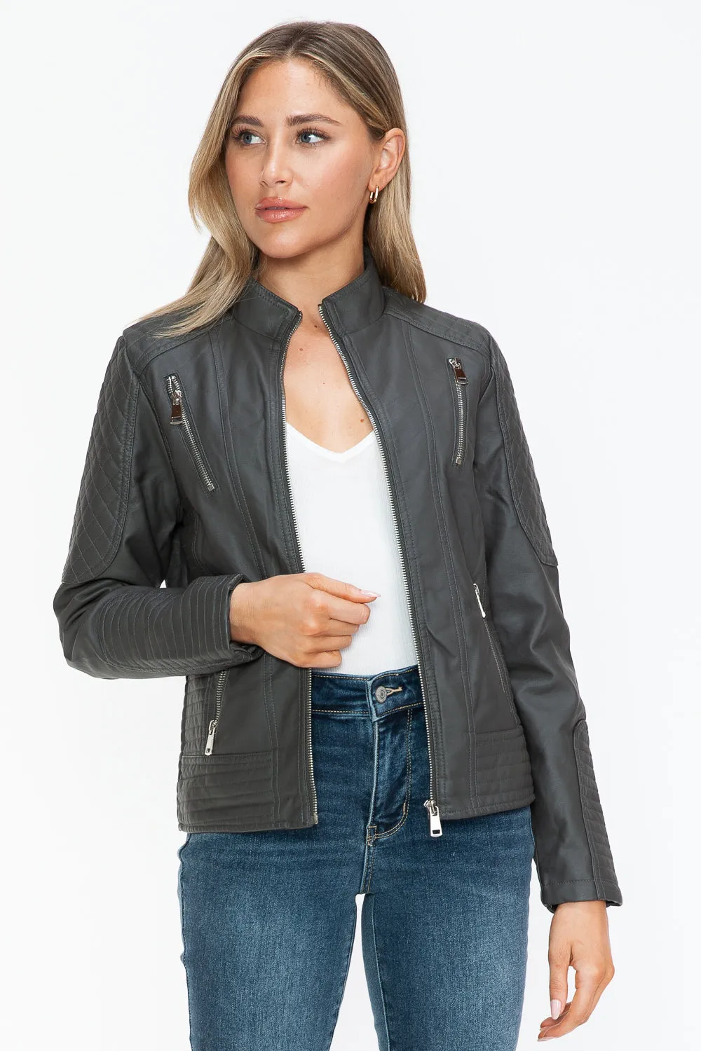 Faux Leather Zip Up Mock Neck Jacket