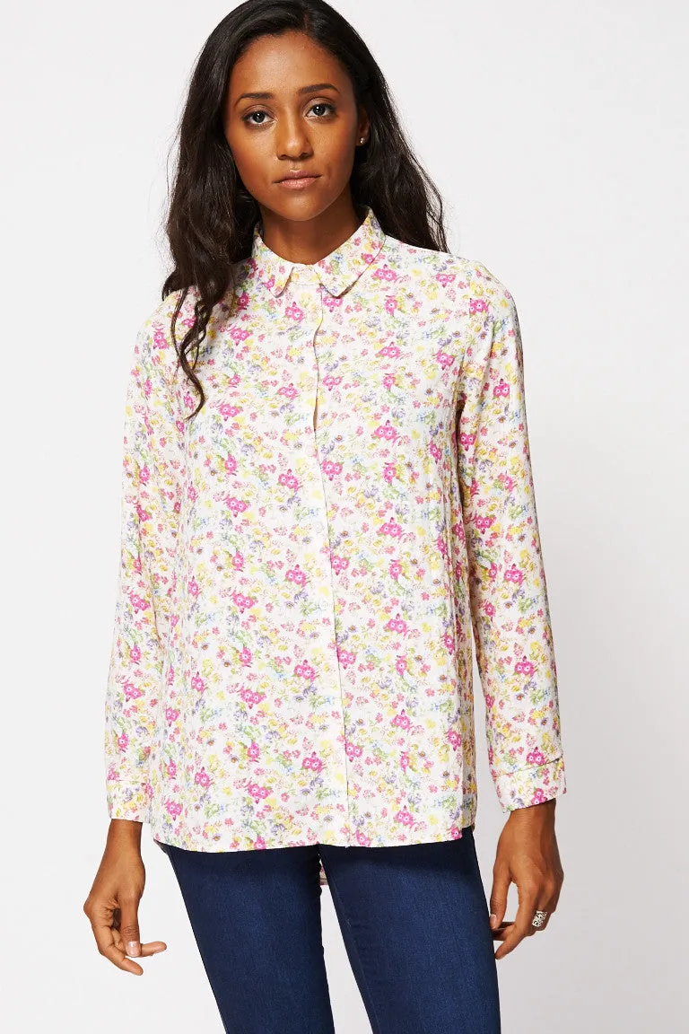 Floral Print Long Sleeved Dipped Hem Shirt