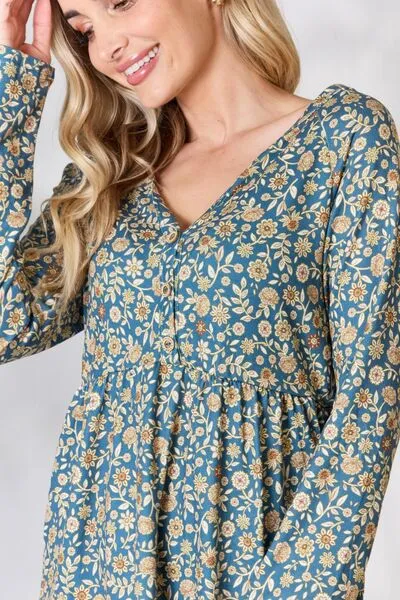 Full Size Floral Half Button Long Sleeve Blouse