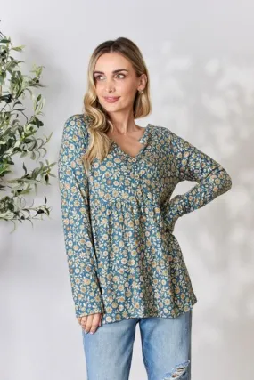 Full Size Floral Half Button Long Sleeve Blouse