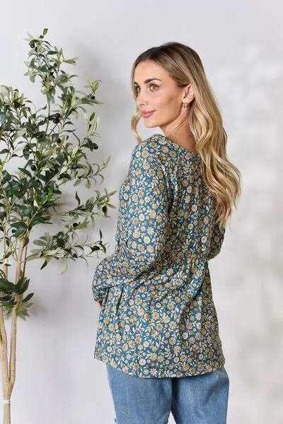 Full Size Floral Half Button Long Sleeve Blouse