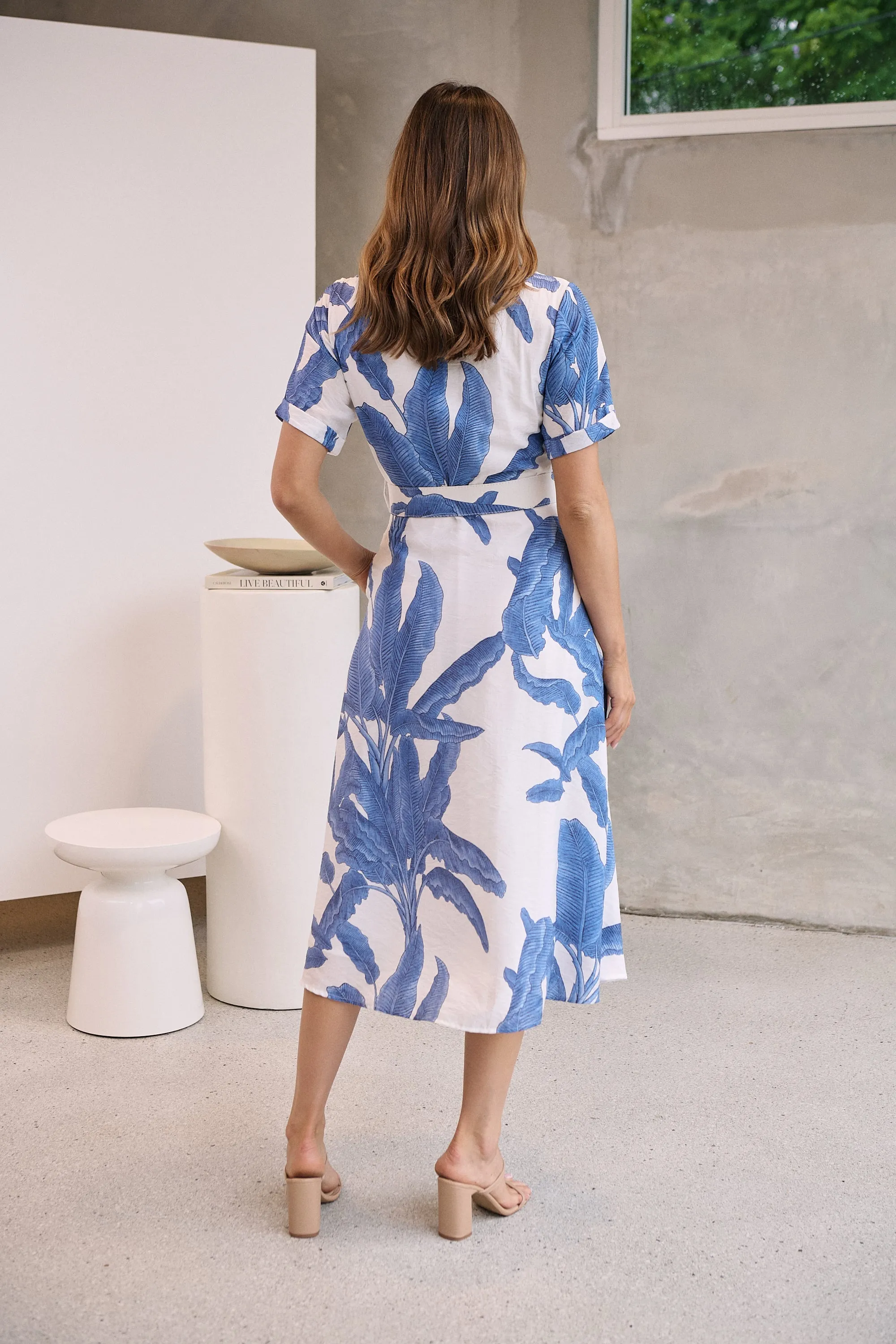 Gianna Leaf Blue/White Palm Print Button Front Belted Midi Dress