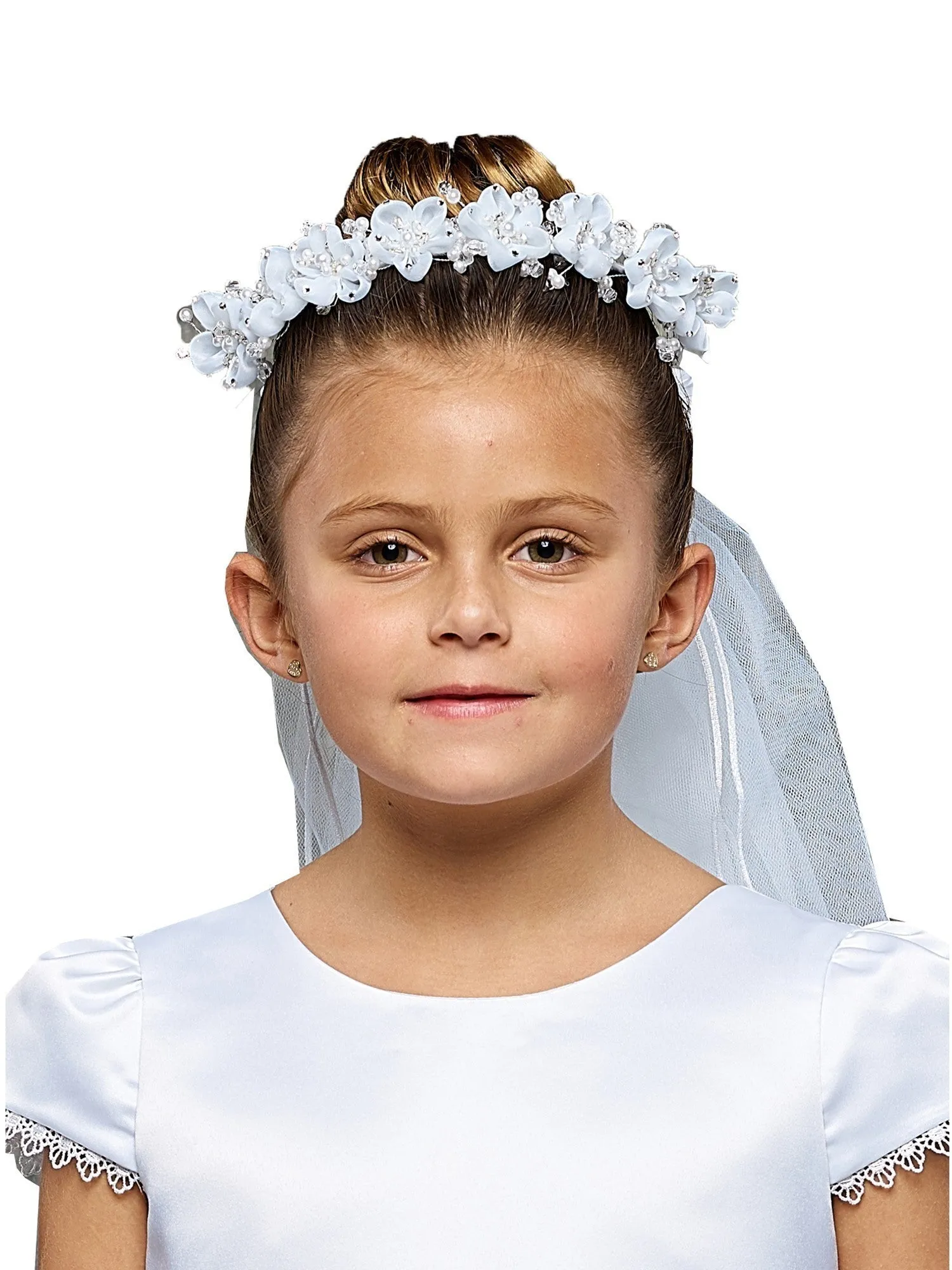 Girls White Flower Pearl Crown Stylish Communion Flower Girl Veil