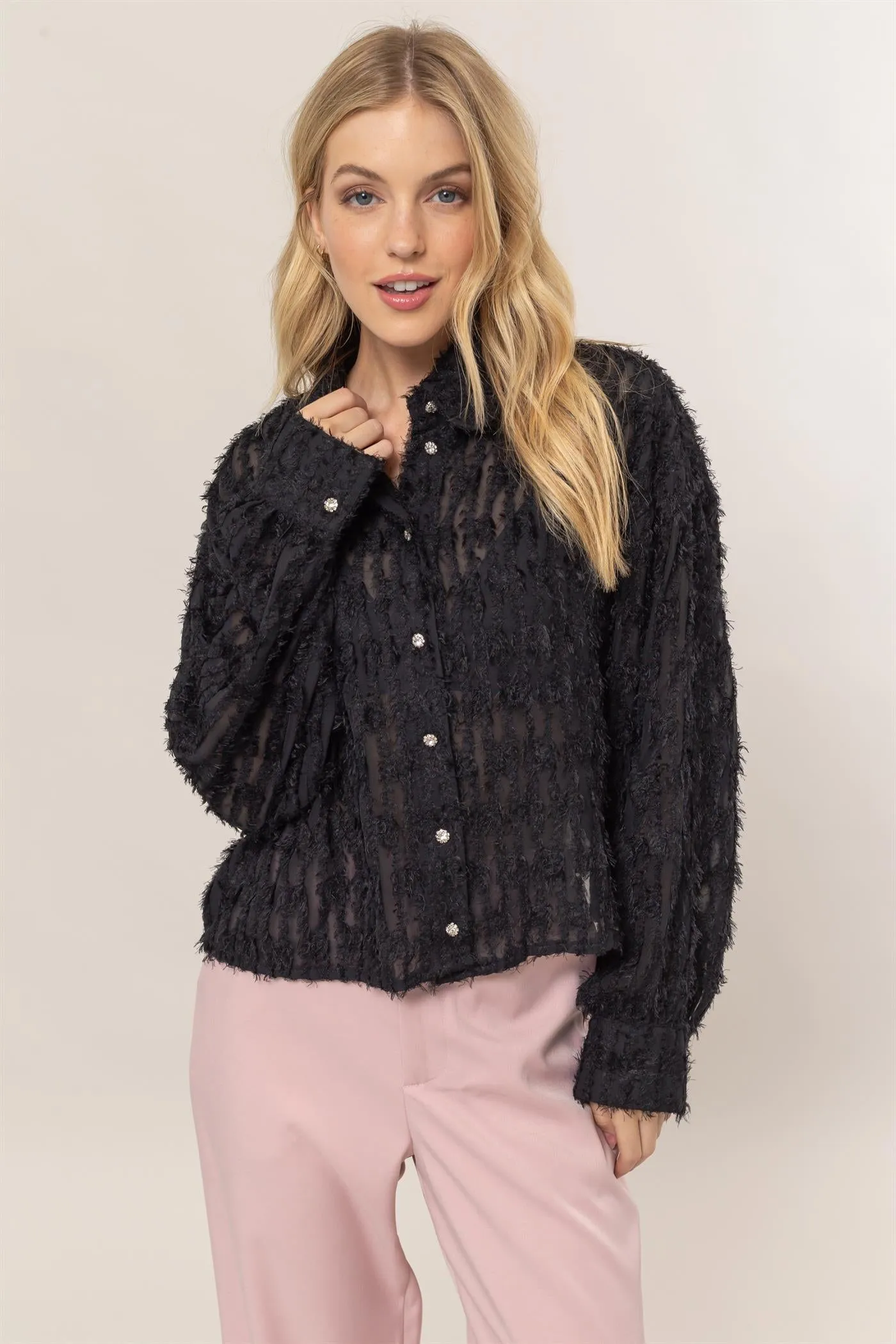 HF24F037-Fuzzy Button Down Blouse