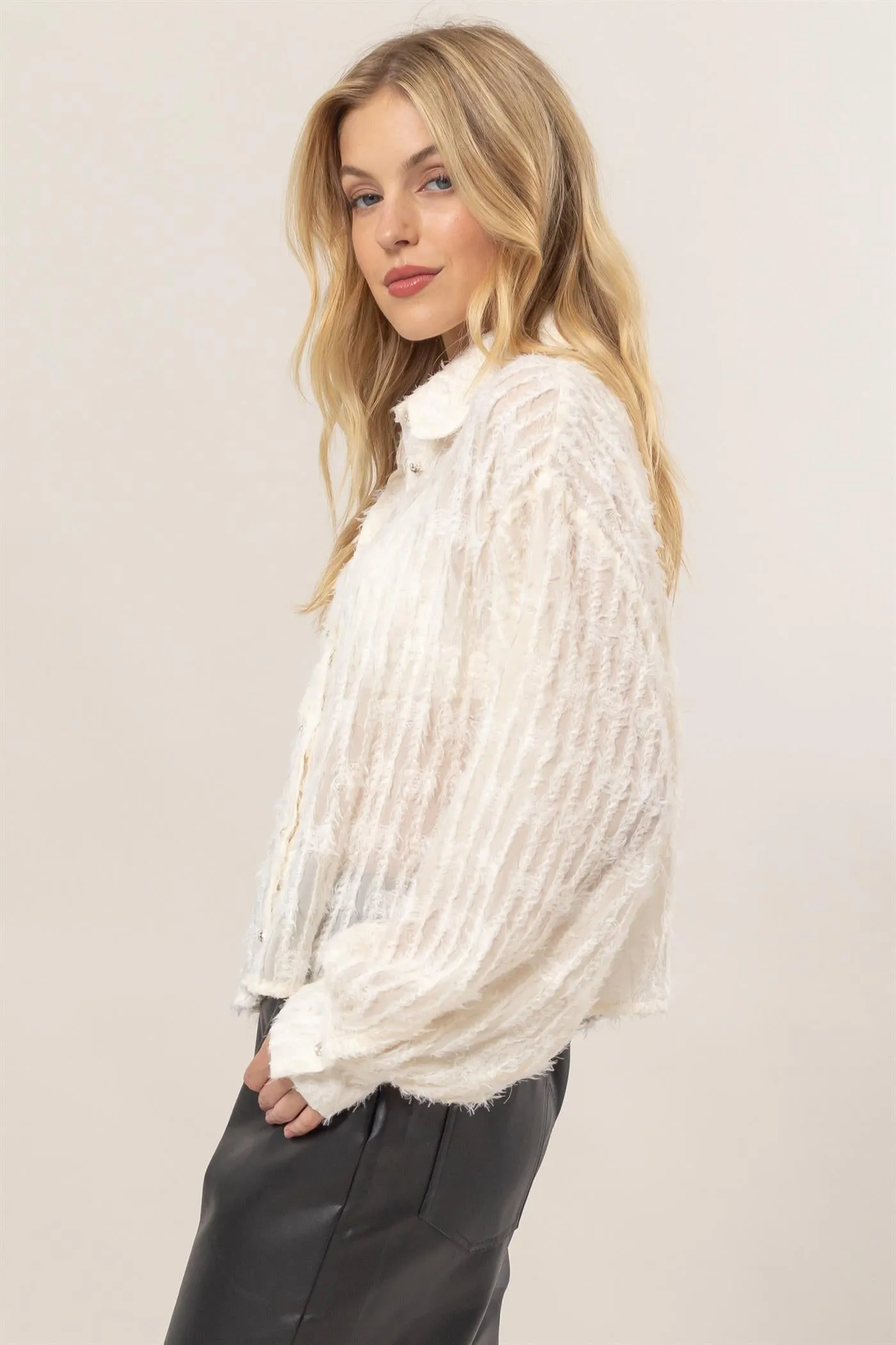 HF24F037-Fuzzy Button Down Blouse