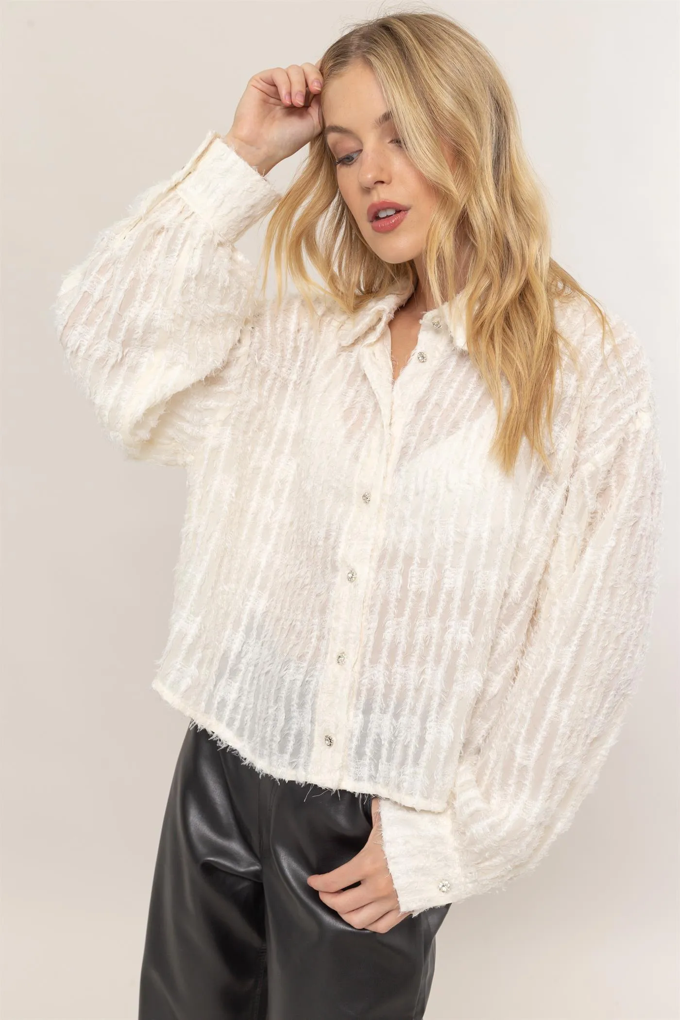 HF24F037-Fuzzy Button Down Blouse