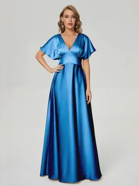 Ink Blue Bridesmaid Dresses Ariah Modest V Neck Short Sleeves Soft Satin Dresses