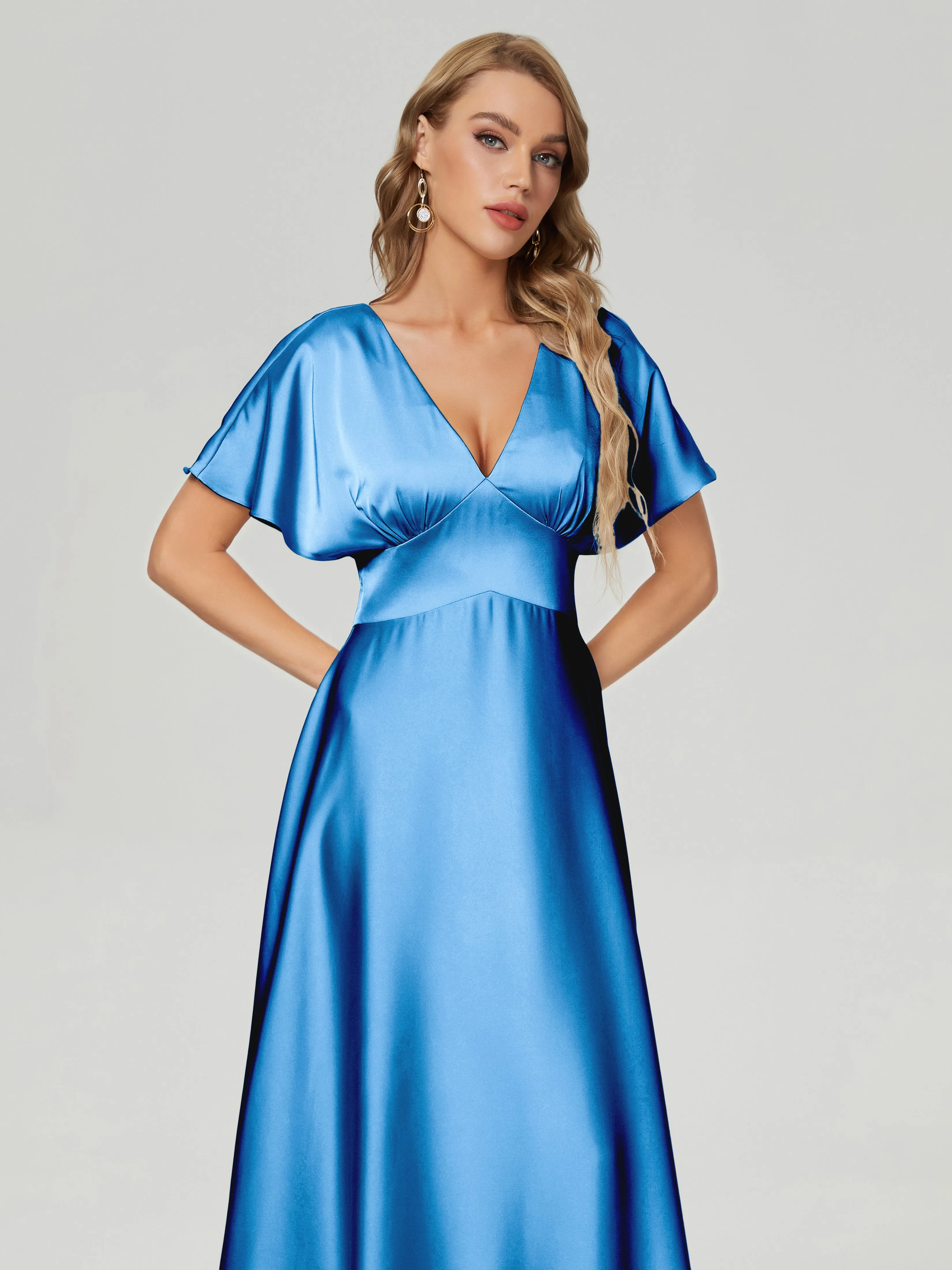 Ink Blue Bridesmaid Dresses Ariah Modest V Neck Short Sleeves Soft Satin Dresses