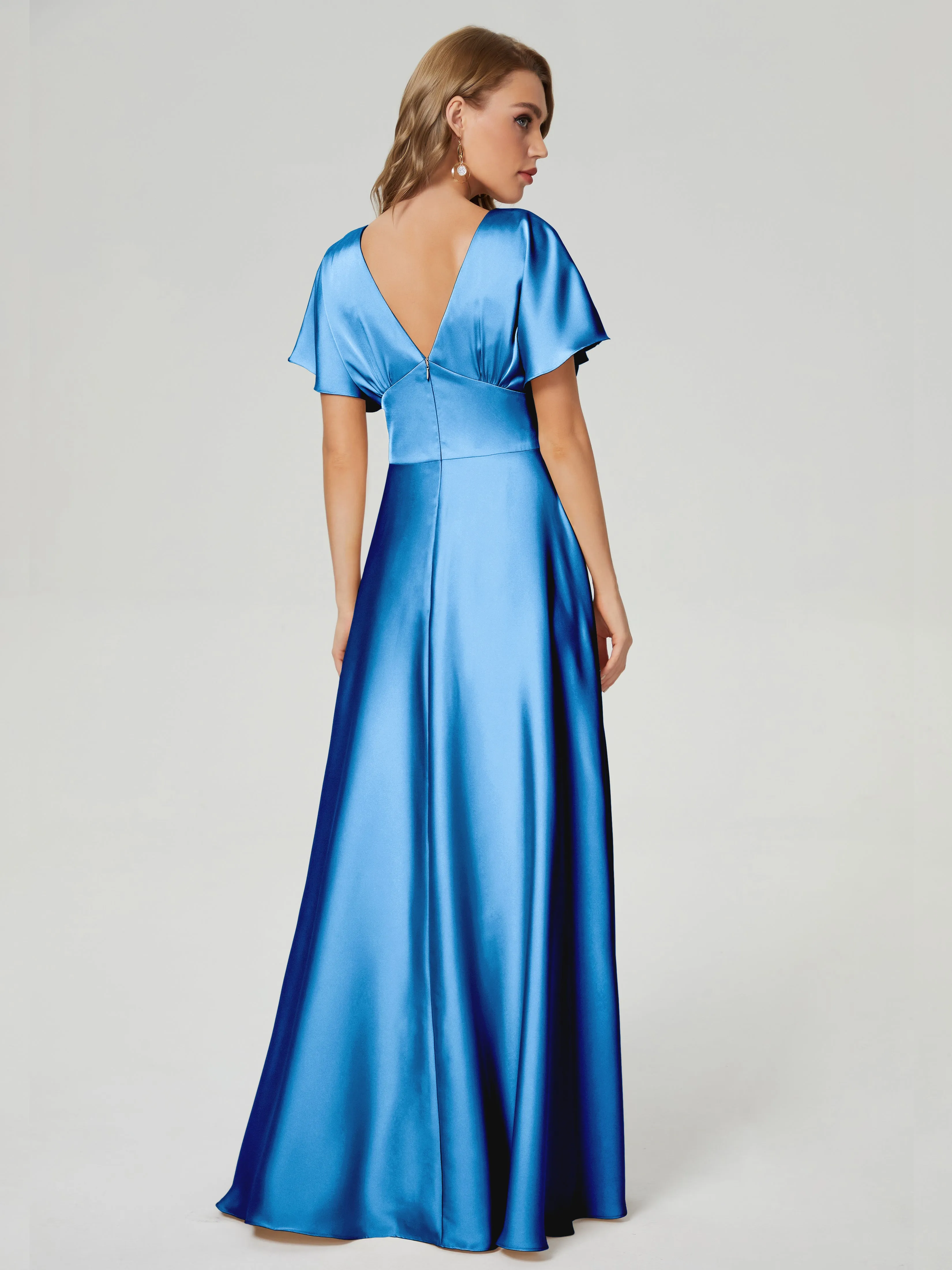 Ink Blue Bridesmaid Dresses Ariah Modest V Neck Short Sleeves Soft Satin Dresses