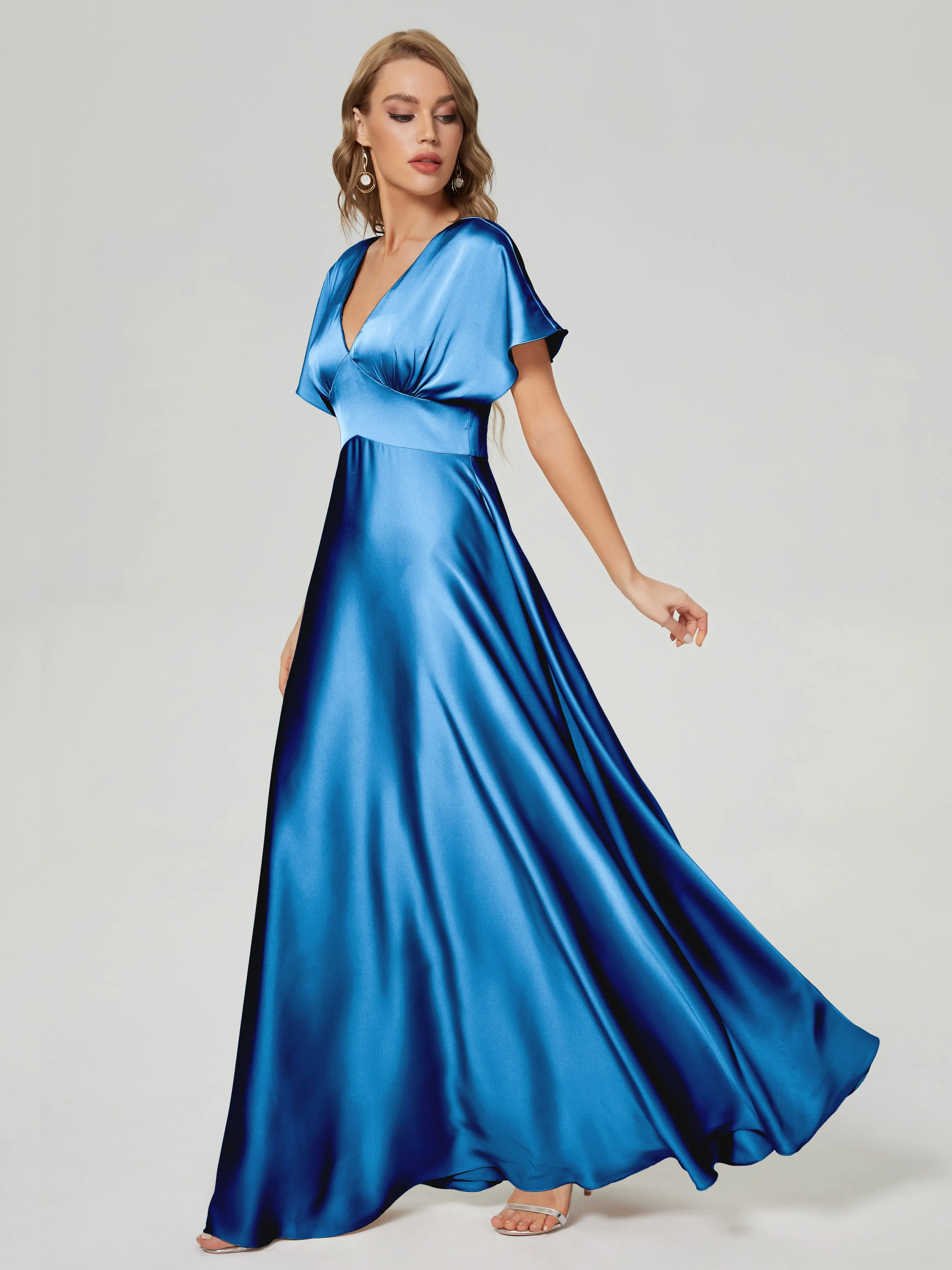 Ink Blue Bridesmaid Dresses Ariah Modest V Neck Short Sleeves Soft Satin Dresses