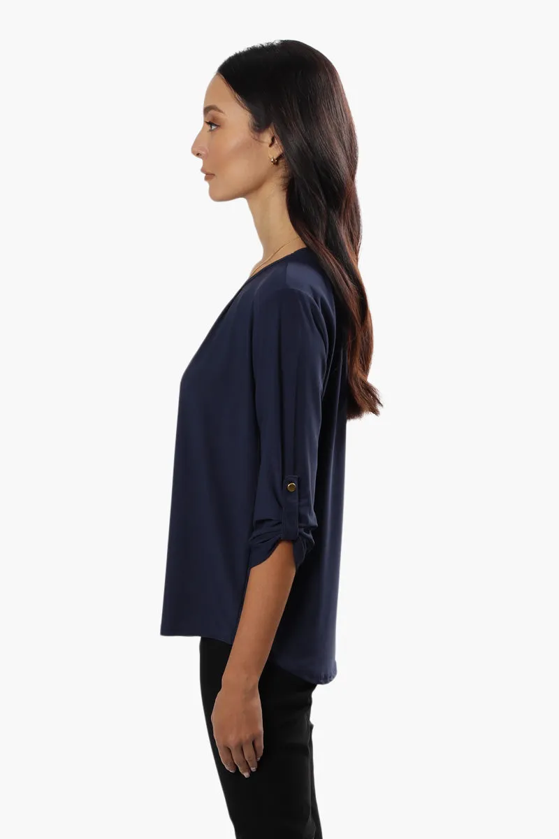 International INC Company Solid Roll Up Sleeve Blouse - Navy