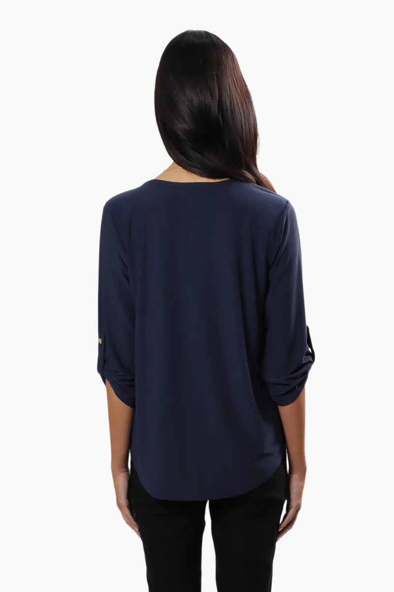 International INC Company Solid Roll Up Sleeve Blouse - Navy