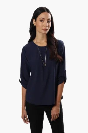 International INC Company Solid Roll Up Sleeve Blouse - Navy