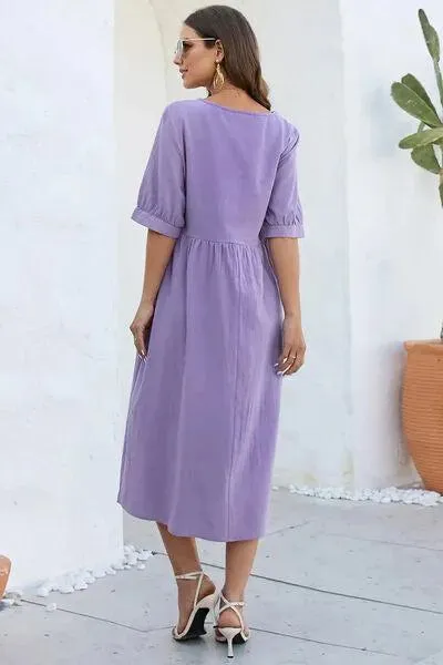 Lavender Ruched Dress: Stylish Round Neck Half Sleeve