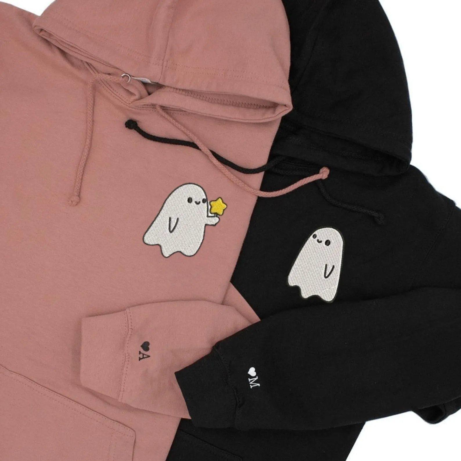 Matching Couple Hoodies - Spooky Ghost Couple Custom Embroidered Sweatshirts For Couples