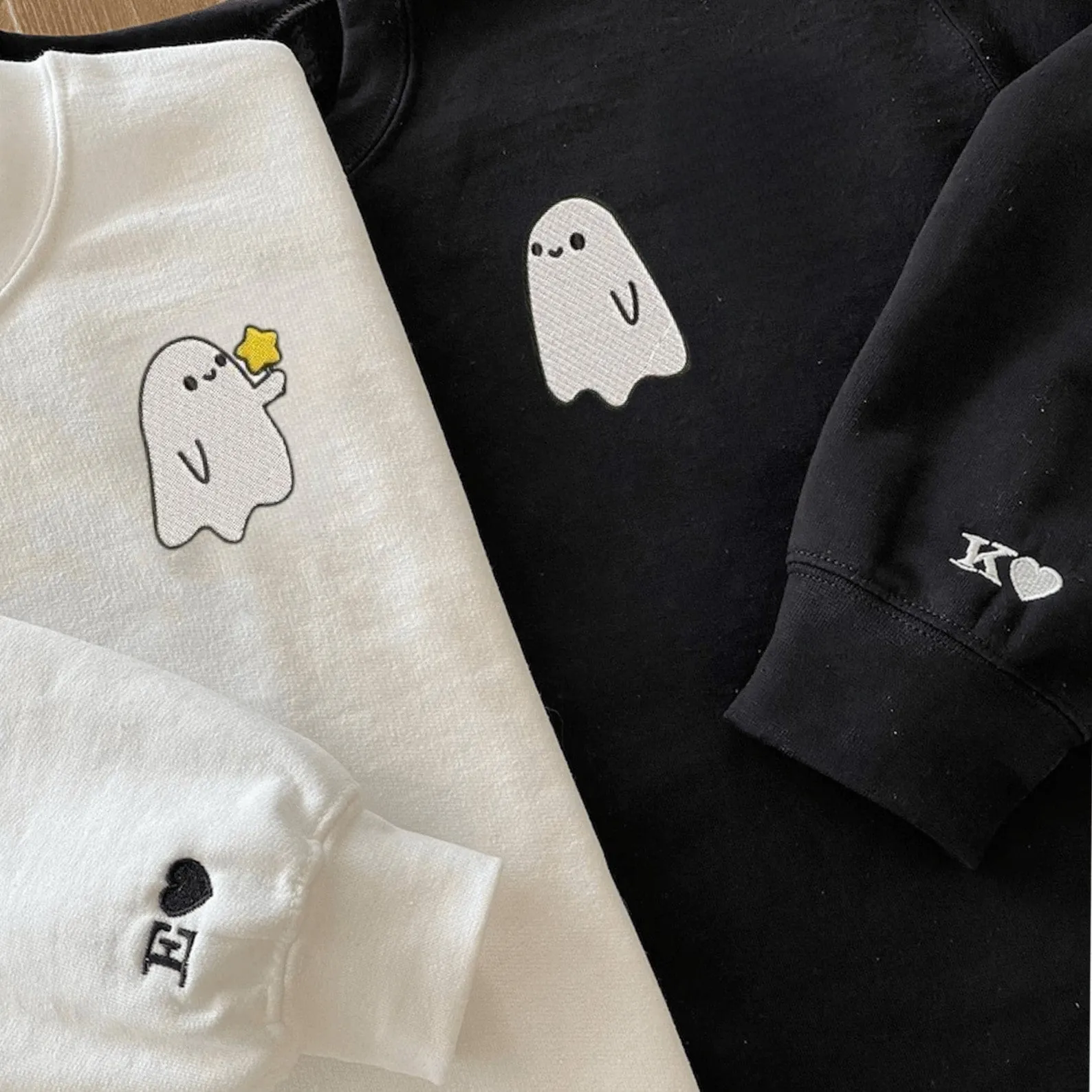 Matching Couple Hoodies - Spooky Ghost Couple Custom Embroidered Sweatshirts For Couples