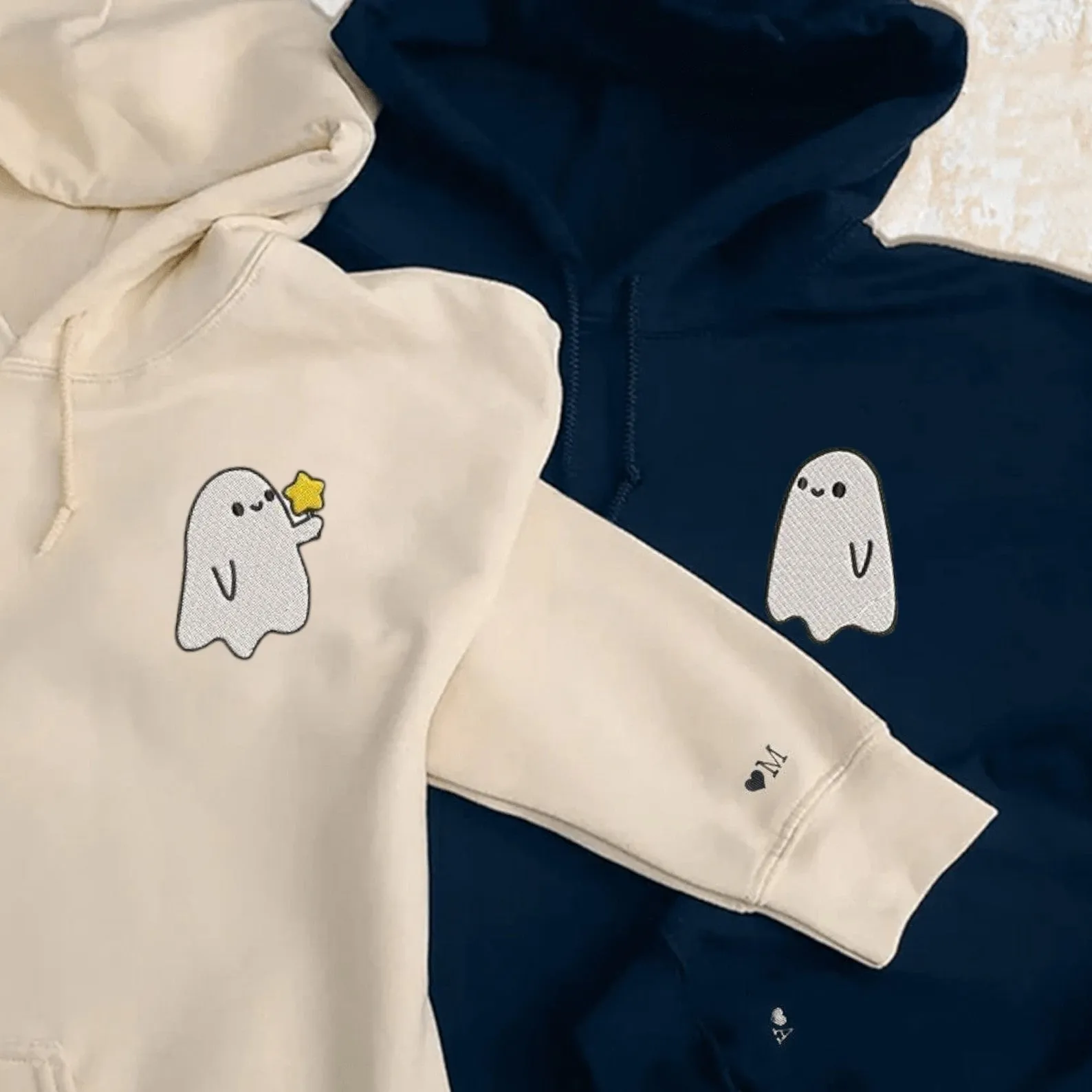 Matching Couple Hoodies - Spooky Ghost Couple Custom Embroidered Sweatshirts For Couples