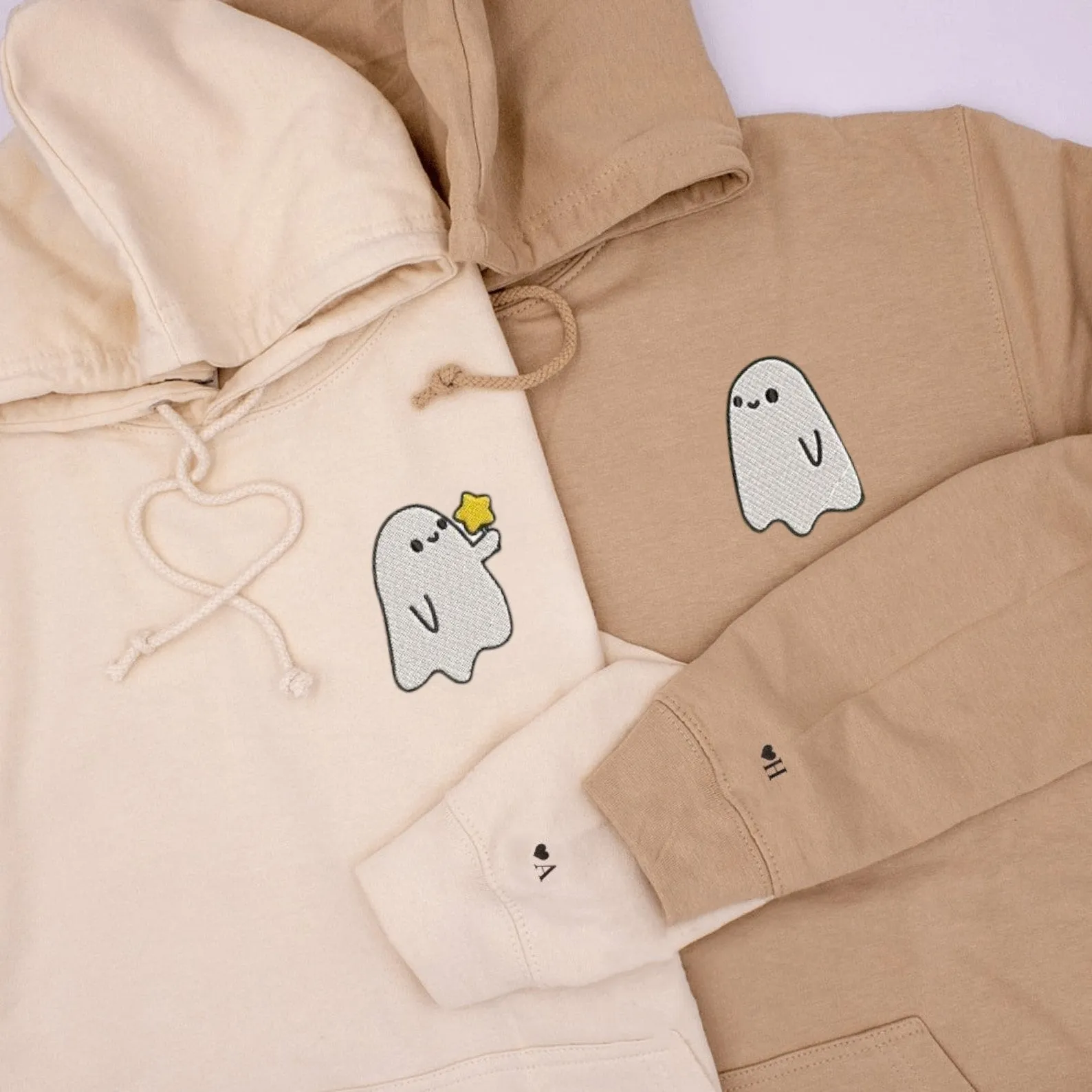 Matching Couple Hoodies - Spooky Ghost Couple Custom Embroidered Sweatshirts For Couples