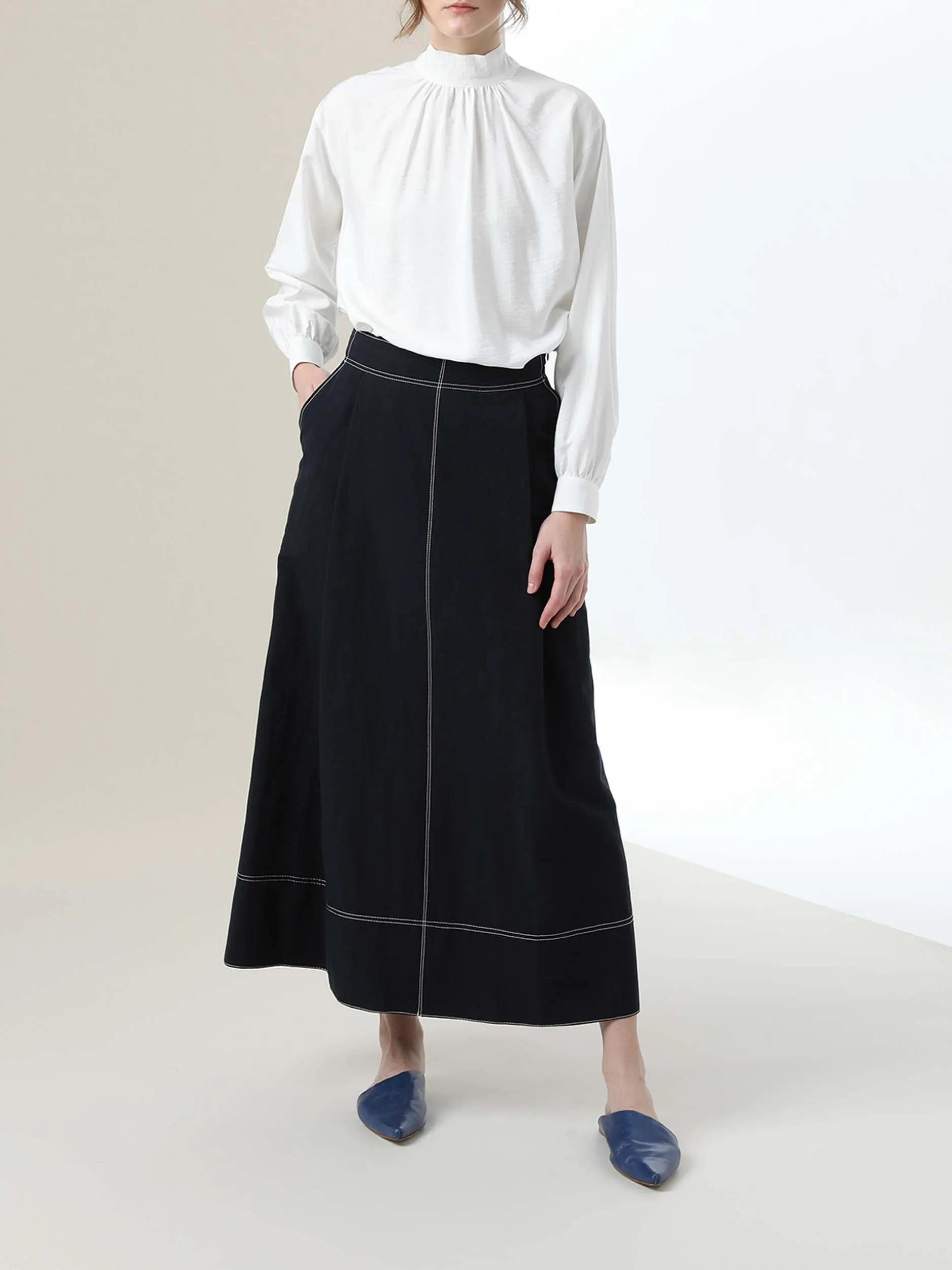 MIHOKO SAITO Contrast Stitch Cotton Linen Skirt