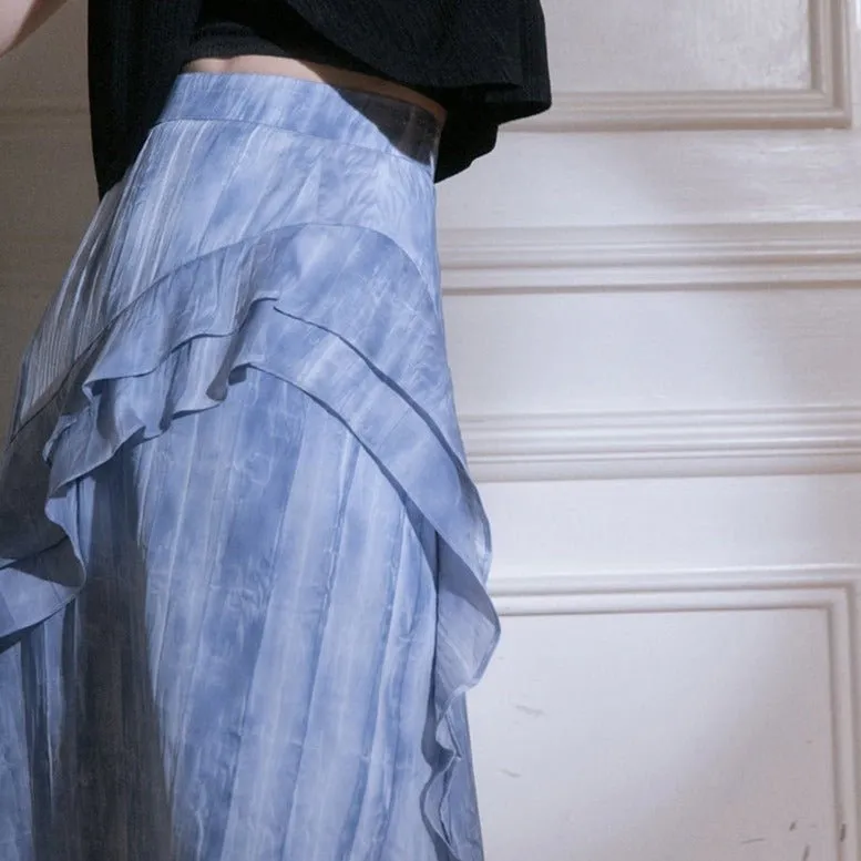 Misty Cascade Denim Maxi Skirt