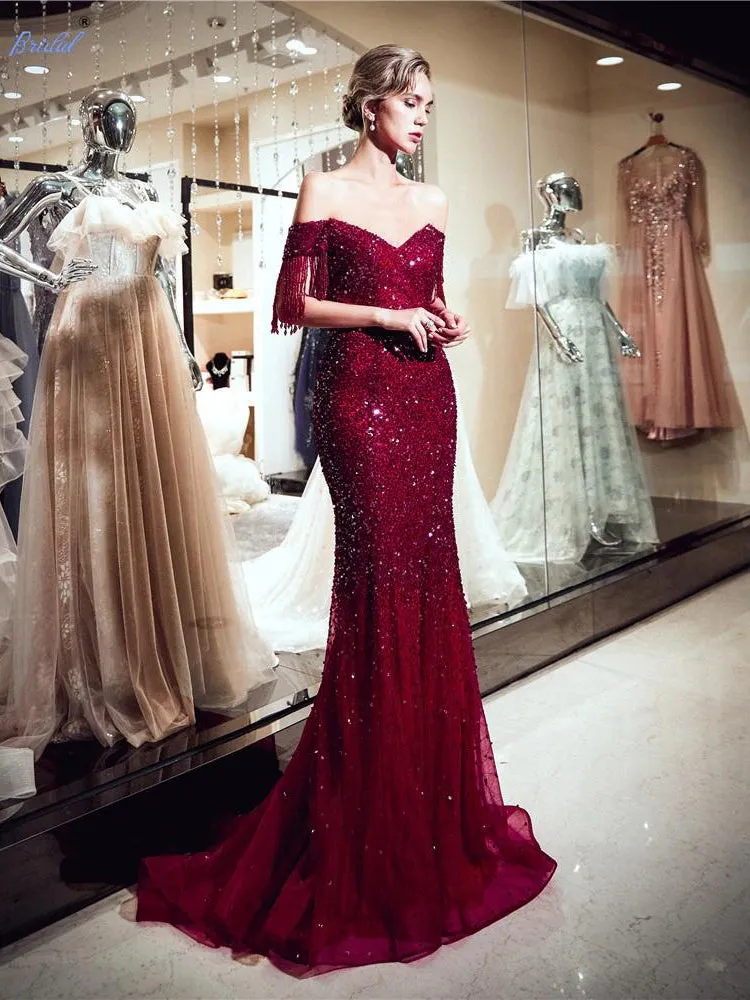 Off The Shoulder Burgundy Prom Dress Vintage Beading Mermaid Prom Dress #ER310