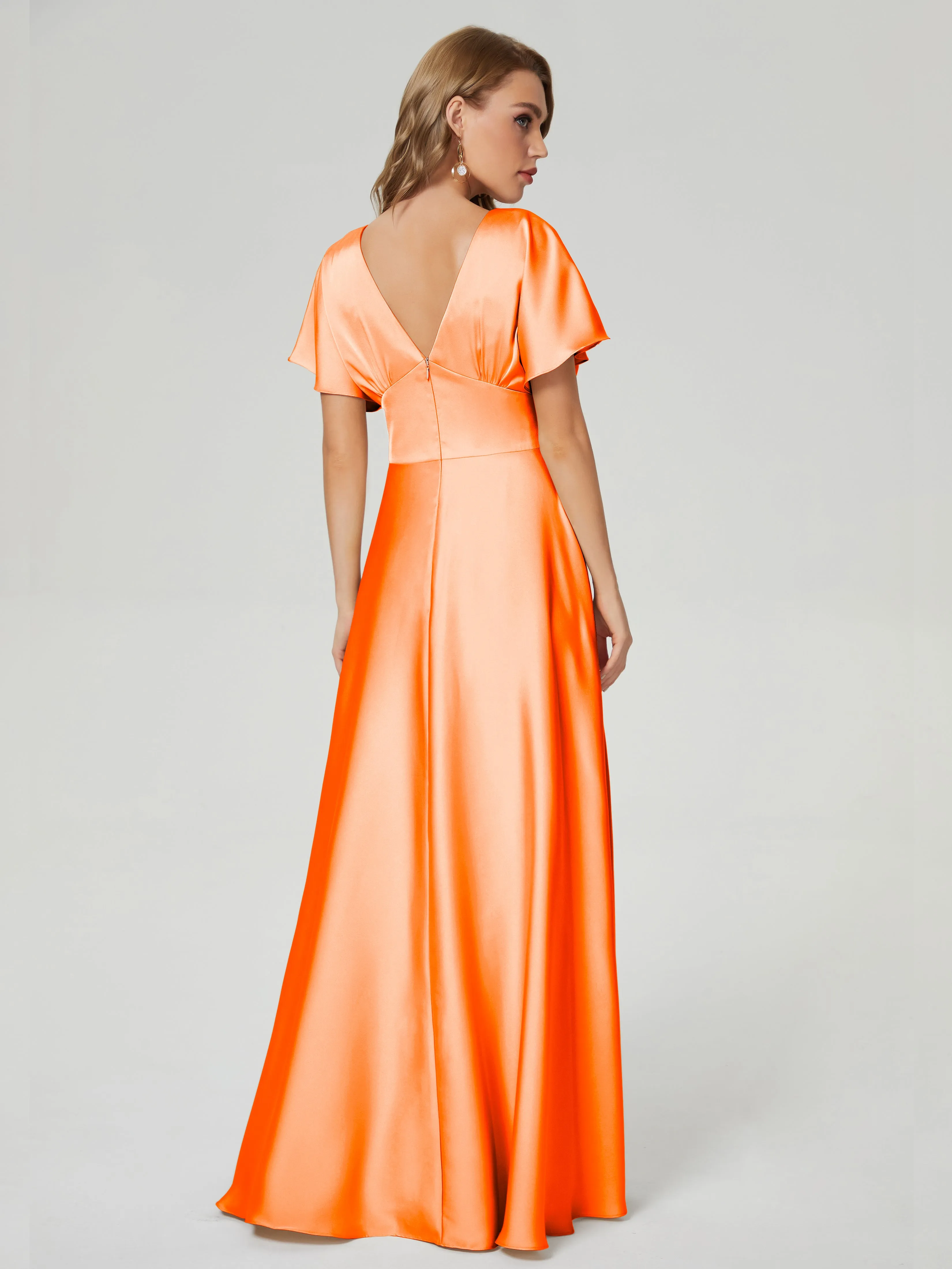 Orange Bridesmaid Dresses Ariah Modest V Neck Short Sleeves Soft Satin Dresses