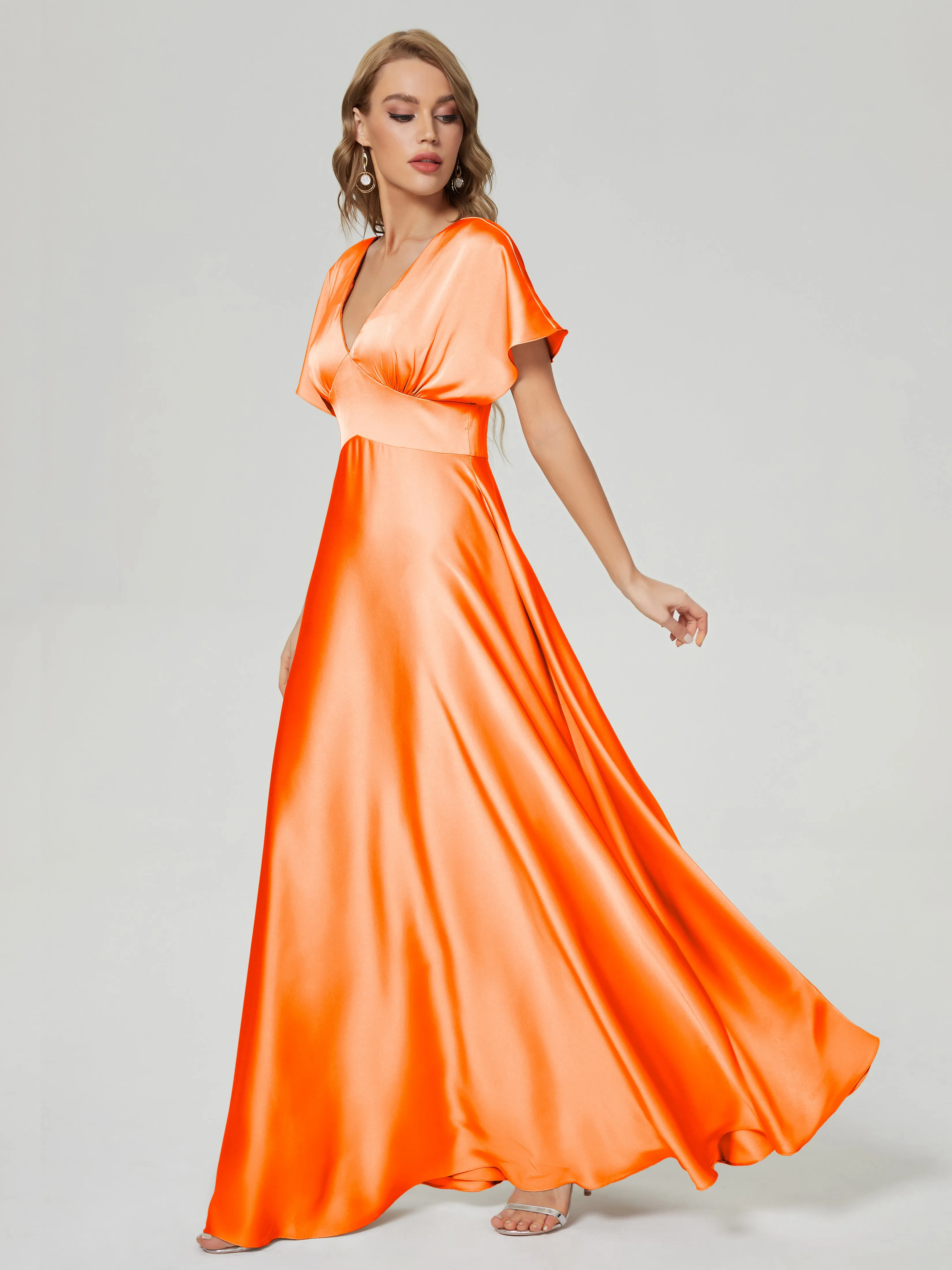 Orange Bridesmaid Dresses Ariah Modest V Neck Short Sleeves Soft Satin Dresses