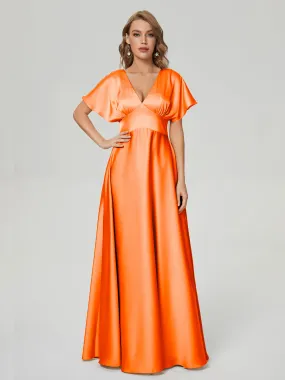 Orange Bridesmaid Dresses Ariah Modest V Neck Short Sleeves Soft Satin Dresses