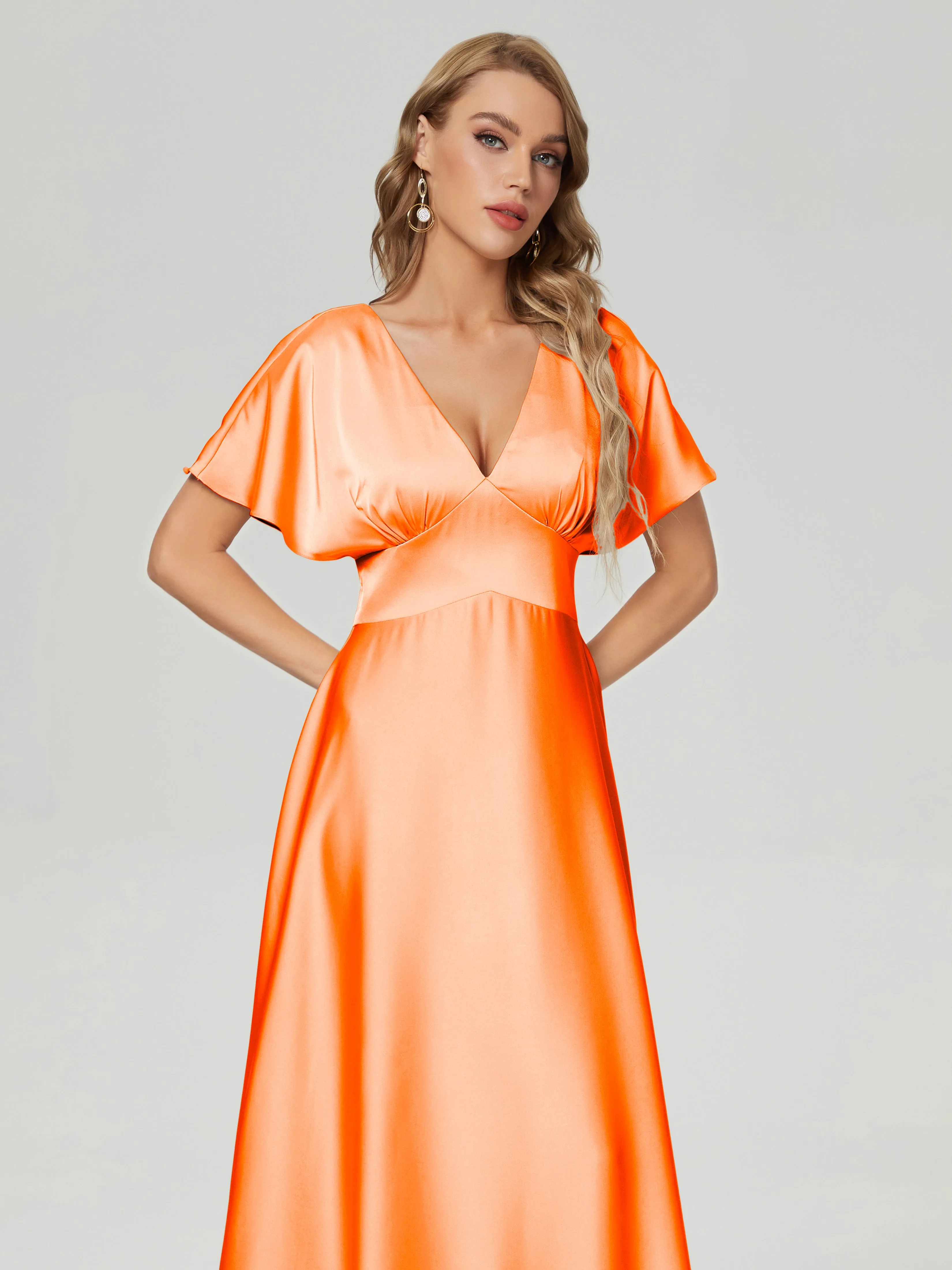 Orange Bridesmaid Dresses Ariah Modest V Neck Short Sleeves Soft Satin Dresses