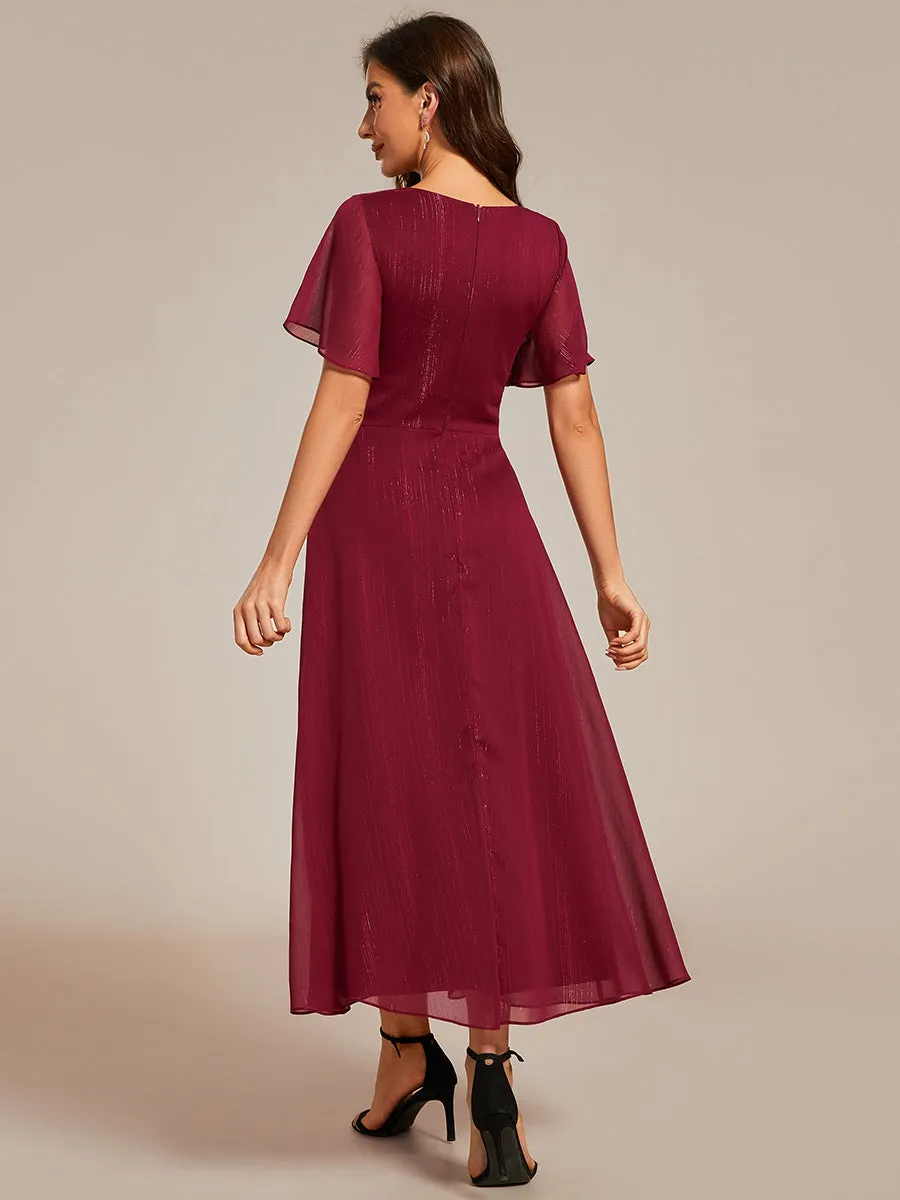 Plus Shimmer V Neck Tea Length Wedding Guest Dress With Short Sleeves