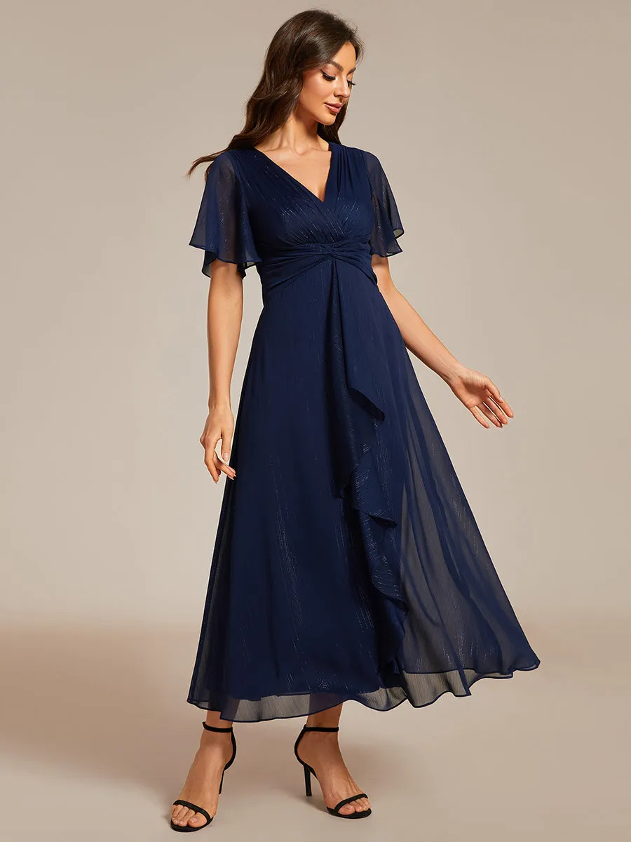 Plus Shimmer V Neck Tea Length Wedding Guest Dress With Short Sleeves