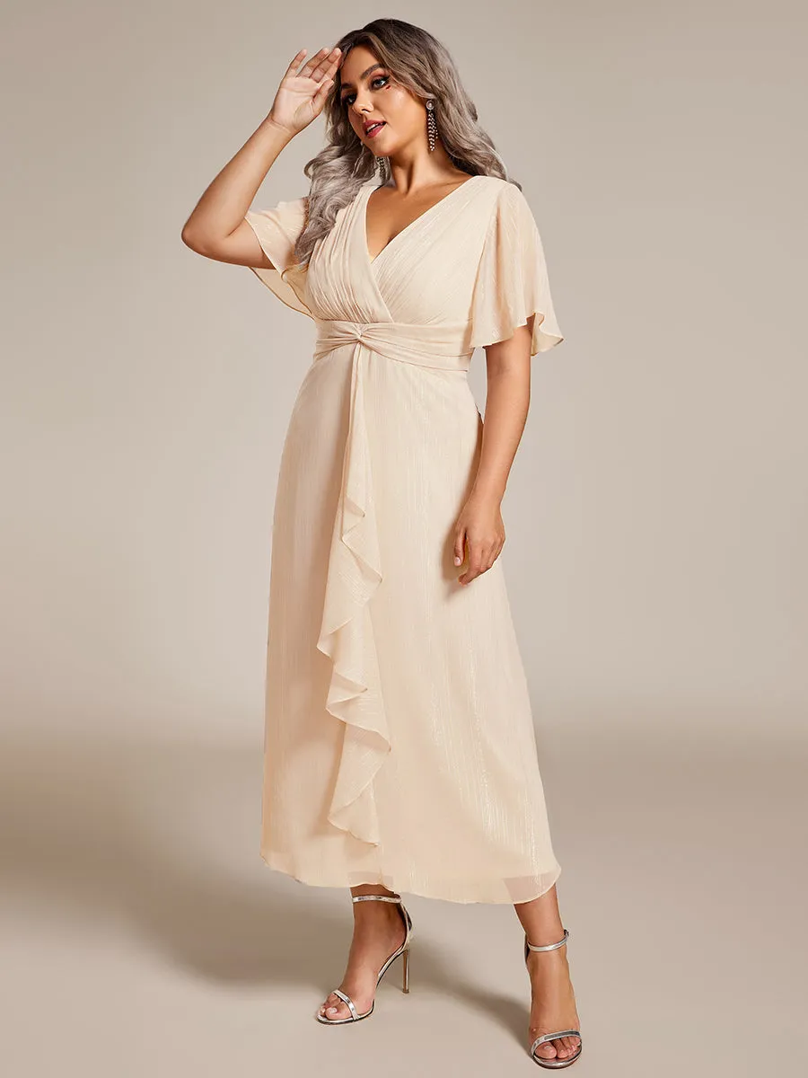 Plus Shimmer V Neck Tea Length Wedding Guest Dress With Short Sleeves