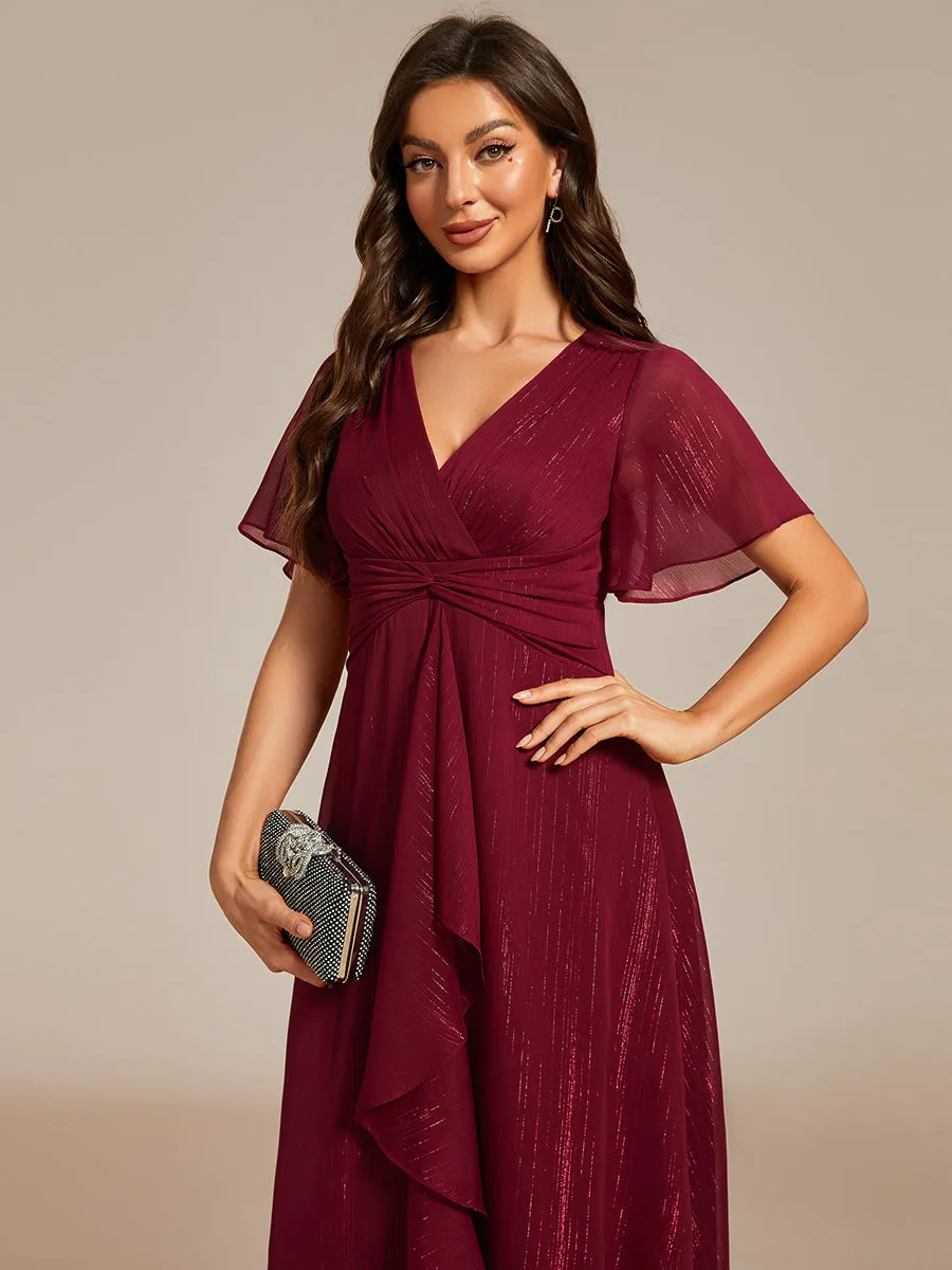 Plus Shimmer V Neck Tea Length Wedding Guest Dress With Short Sleeves