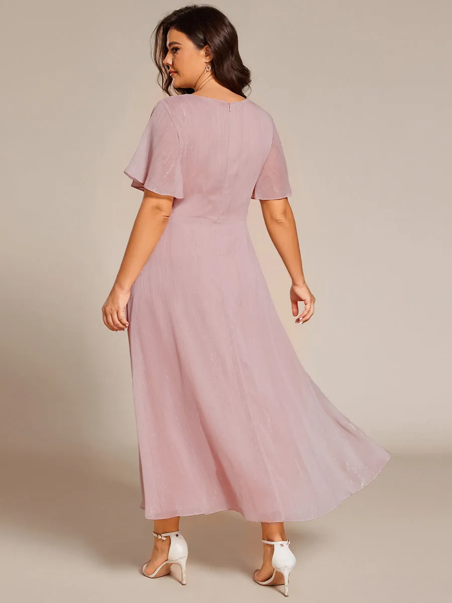 Plus Shimmer V Neck Tea Length Wedding Guest Dress With Short Sleeves