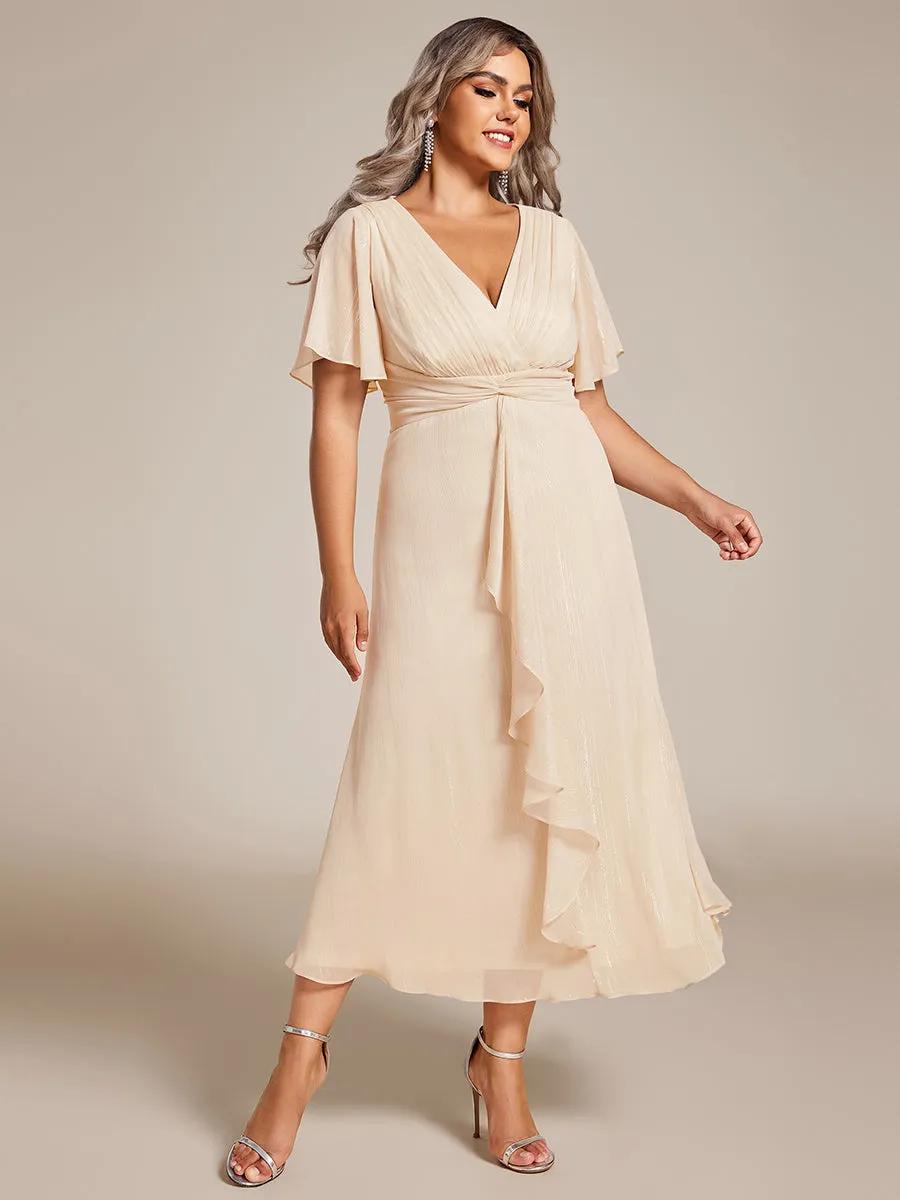 Plus Shimmer V Neck Tea Length Wedding Guest Dress With Short Sleeves