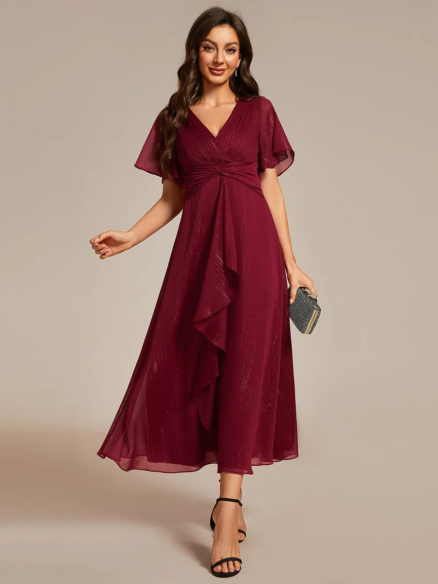 Plus Shimmer V Neck Tea Length Wedding Guest Dress With Short Sleeves