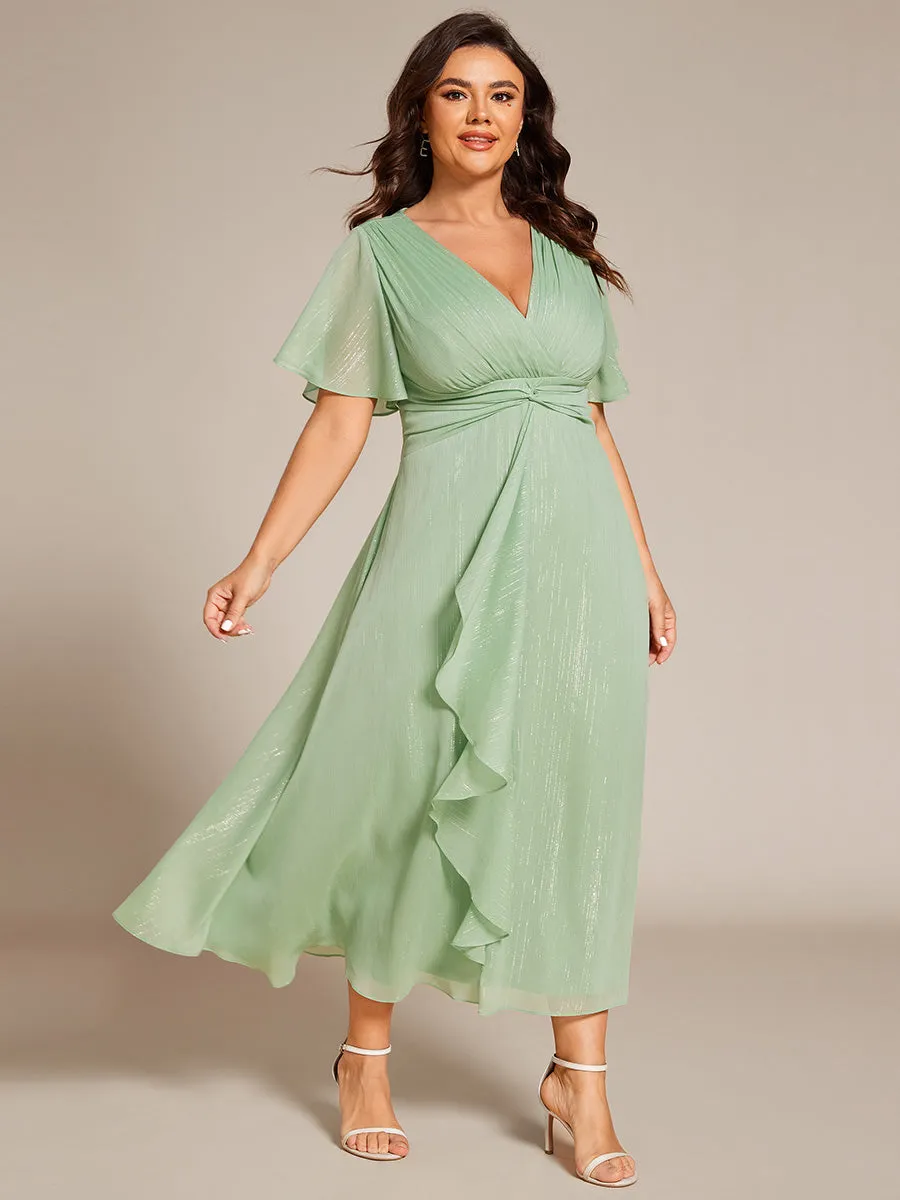 Plus Shimmer V Neck Tea Length Wedding Guest Dress With Short Sleeves