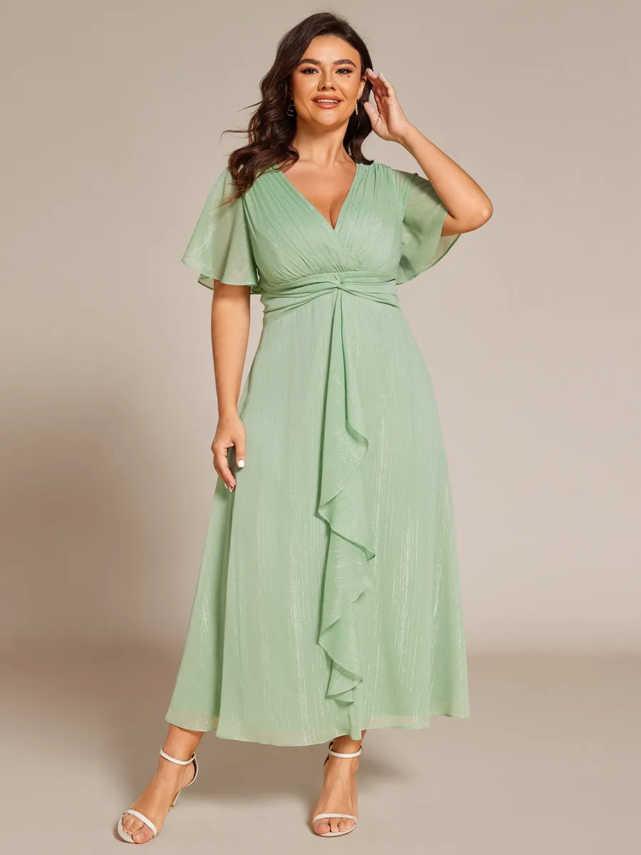 Plus Shimmer V Neck Tea Length Wedding Guest Dress With Short Sleeves