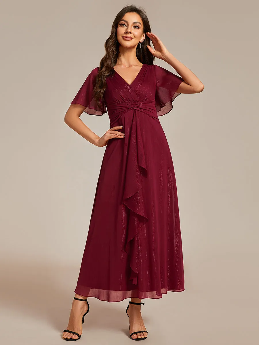 Plus Shimmer V Neck Tea Length Wedding Guest Dress With Short Sleeves