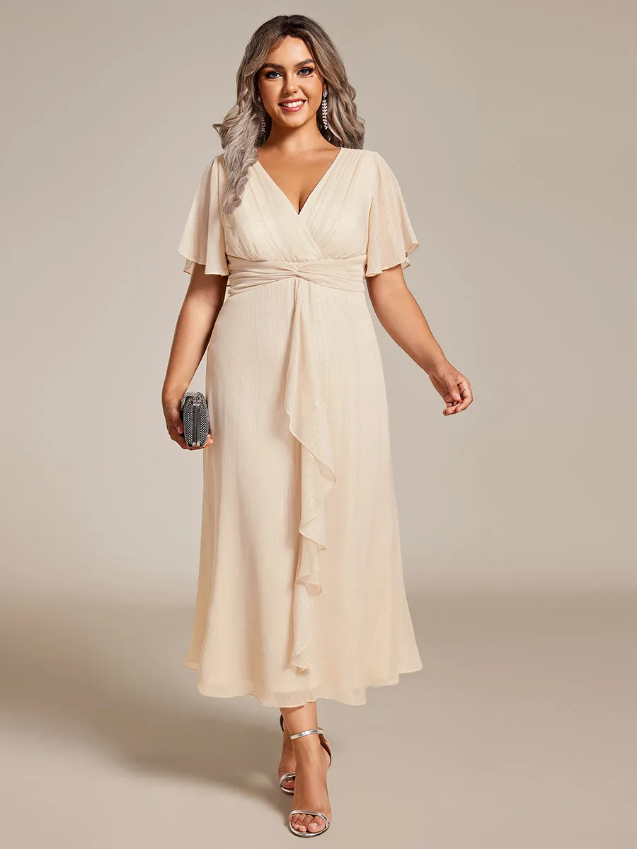 Plus Shimmer V Neck Tea Length Wedding Guest Dress With Short Sleeves