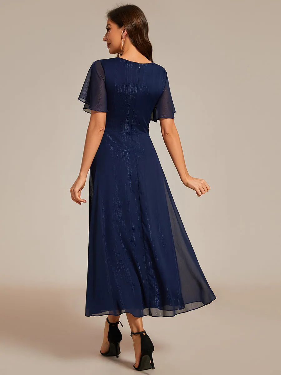 Plus Shimmer V Neck Tea Length Wedding Guest Dress With Short Sleeves