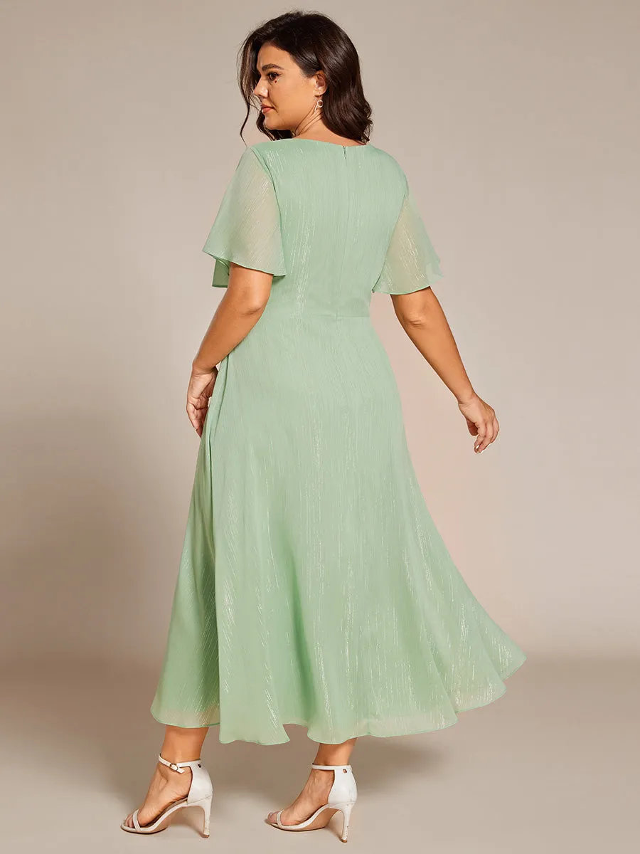 Plus Shimmer V Neck Tea Length Wedding Guest Dress With Short Sleeves