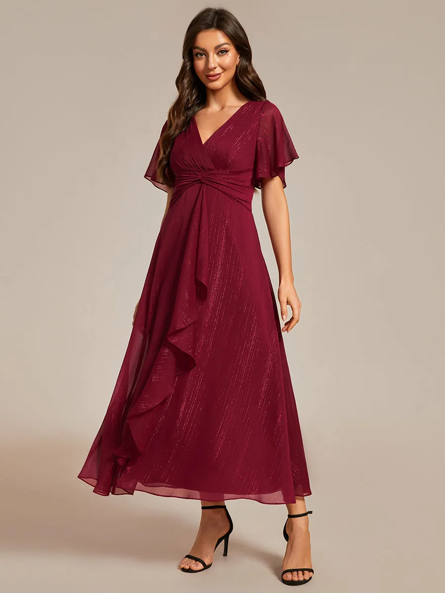 Plus Shimmer V Neck Tea Length Wedding Guest Dress With Short Sleeves