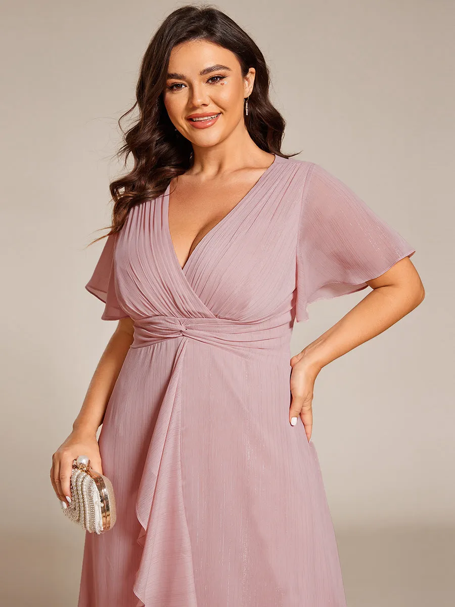 Plus Shimmer V Neck Tea Length Wedding Guest Dress With Short Sleeves