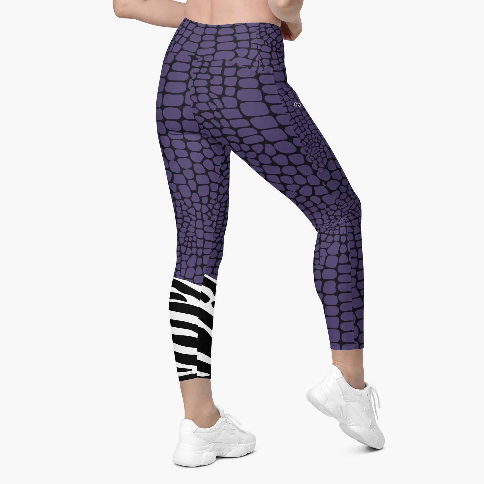 Recycled Animal Printed Leggings "CrocoZebra" Purple with Pockets